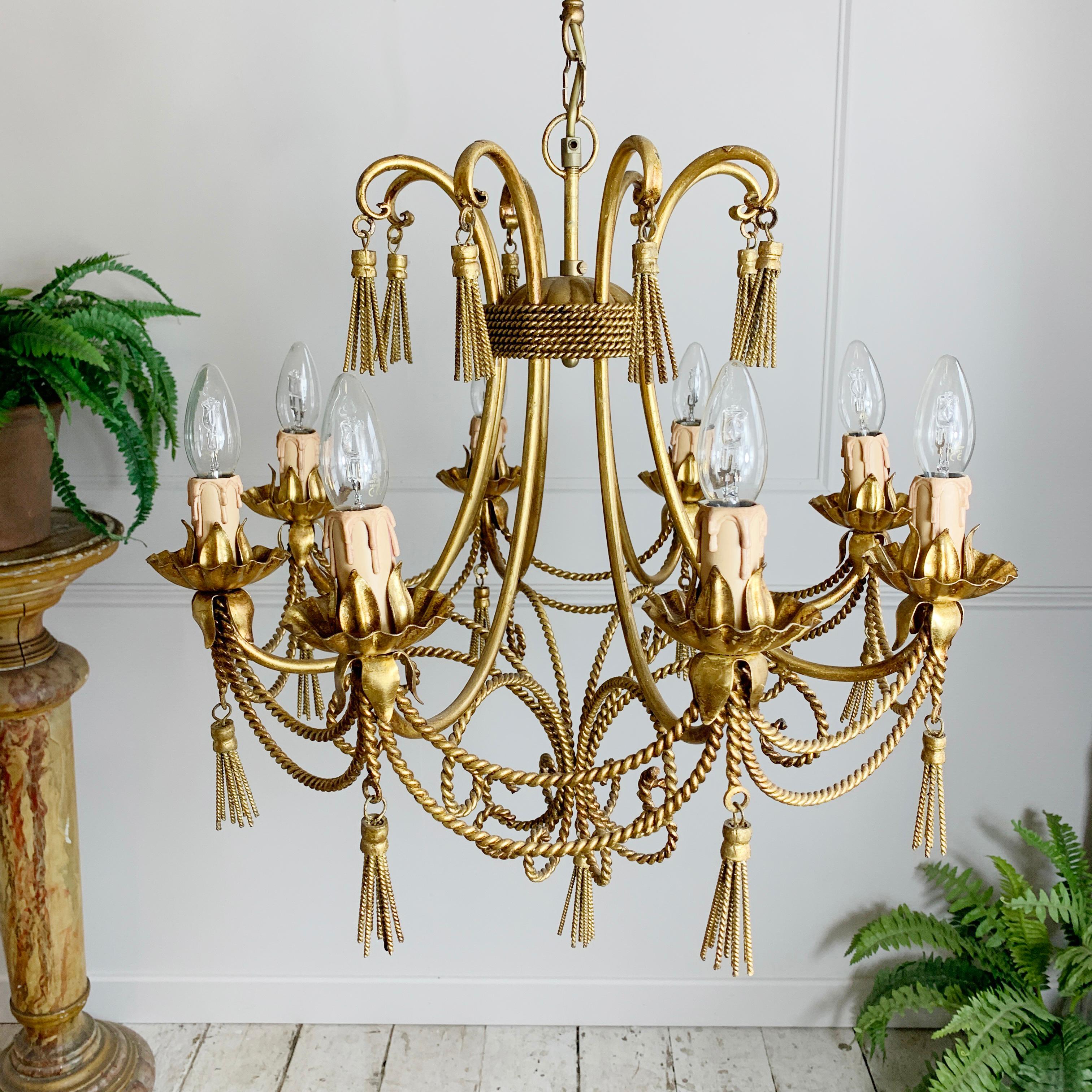 Metal Mid Century Italian Gold Rope and Tassel Chandelier For Sale