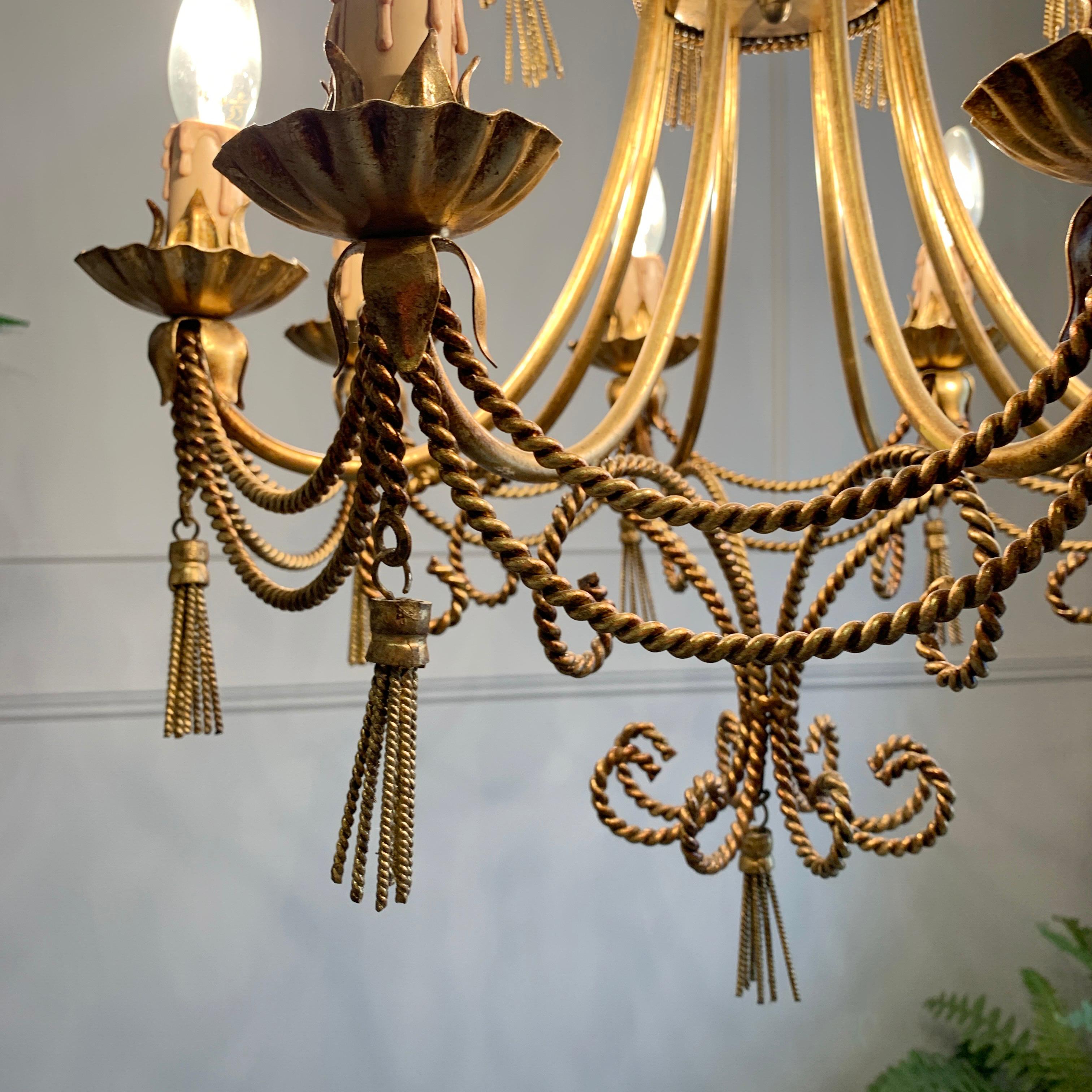 Mid Century Italian Gold Rope and Tassel Chandelier For Sale 1