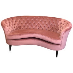 Vintage Mid-Century Italian Rose Pink Velvet Buttoned Two-Seat Sofa on Wooden Feet