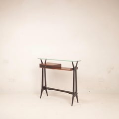 Mid Century Italian Rosewood, Ebonized Maple, Brass and Glass Console Table 1950