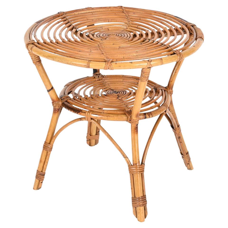 Round Rattan Tea Table Midcentury Round Rattan, Bamboo Italian Coffee Table with Glass Shelf ...