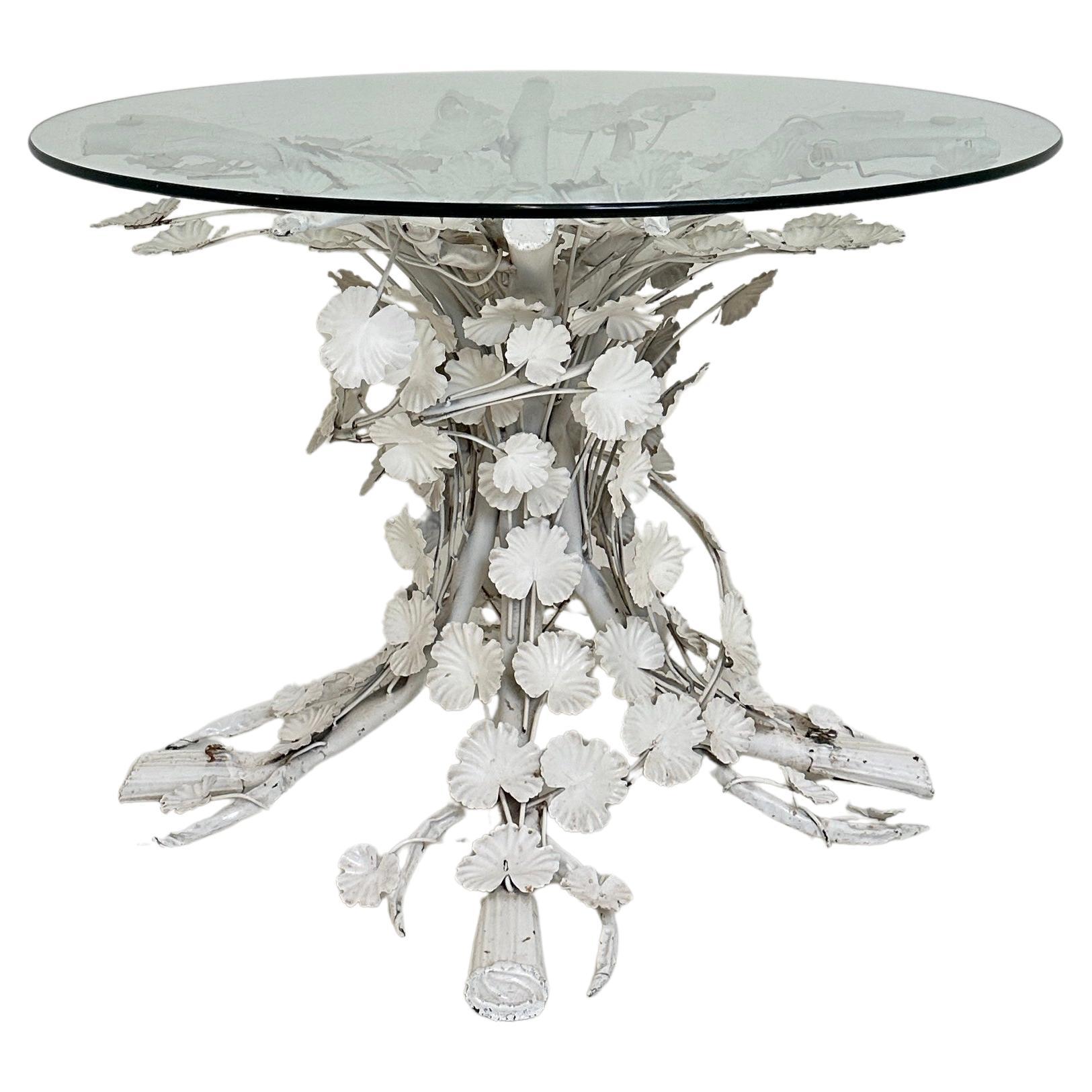 Mid Century Italian Round Floral Dining Table in white Metal and Glass, 1970 For Sale