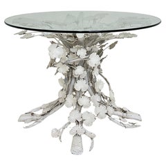 Mesa de Comedor Floral Redonda Italiana de Mediano Siglo en Metal Blanco y Cristal, 1970