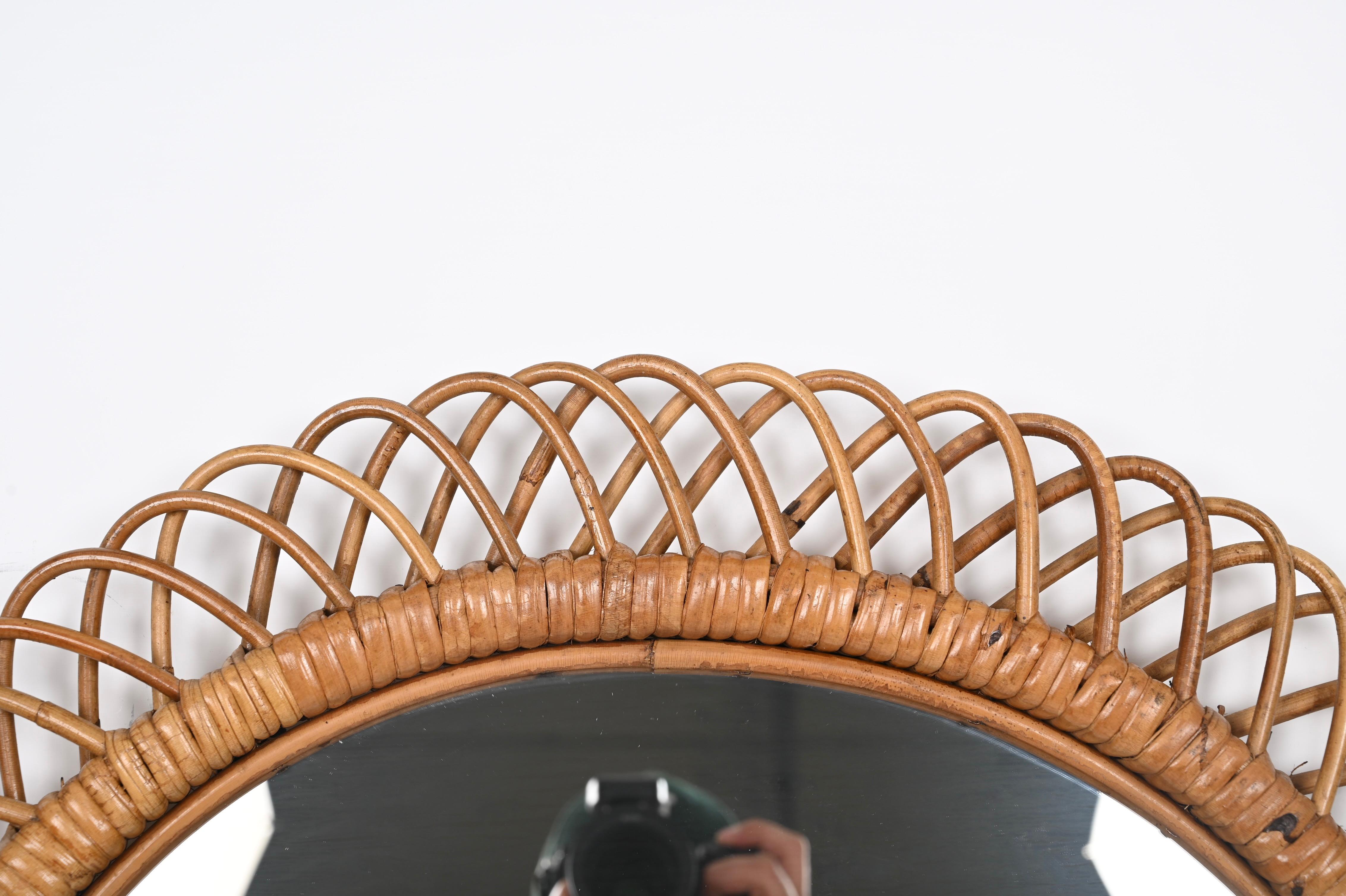 Midcentury French Riviera Rattan and Bamboo Round Mirror, Albini, Italy 1960s 4