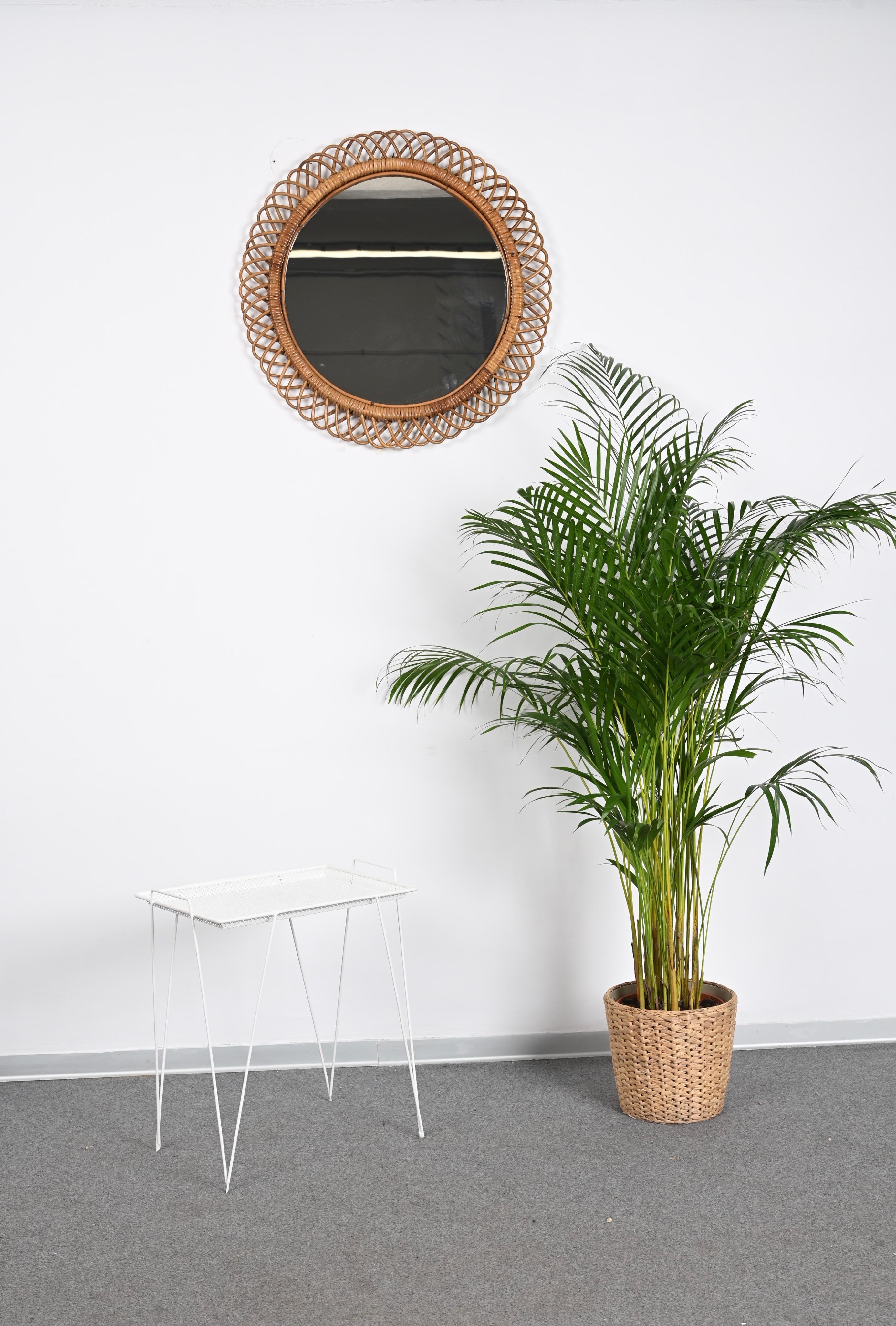 Midcentury French Riviera Rattan and Bamboo Round Mirror, Albini, Italy 1960s 6