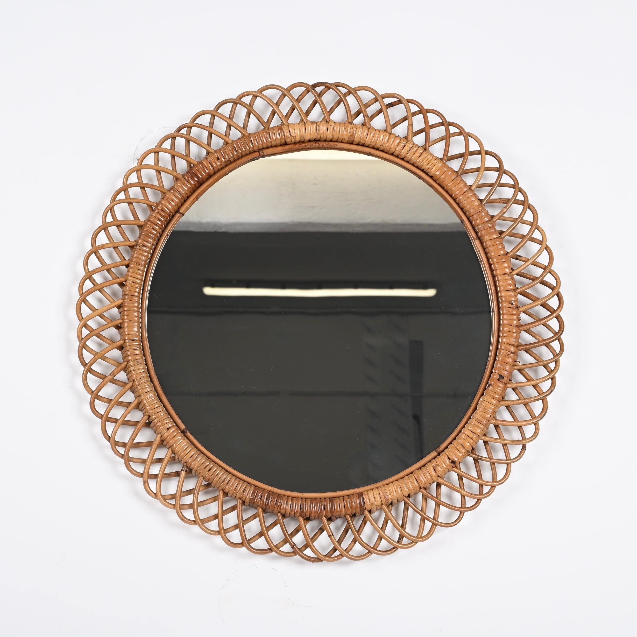 Midcentury French Riviera Rattan and Bamboo Round Mirror, Albini, Italy 1960s 7