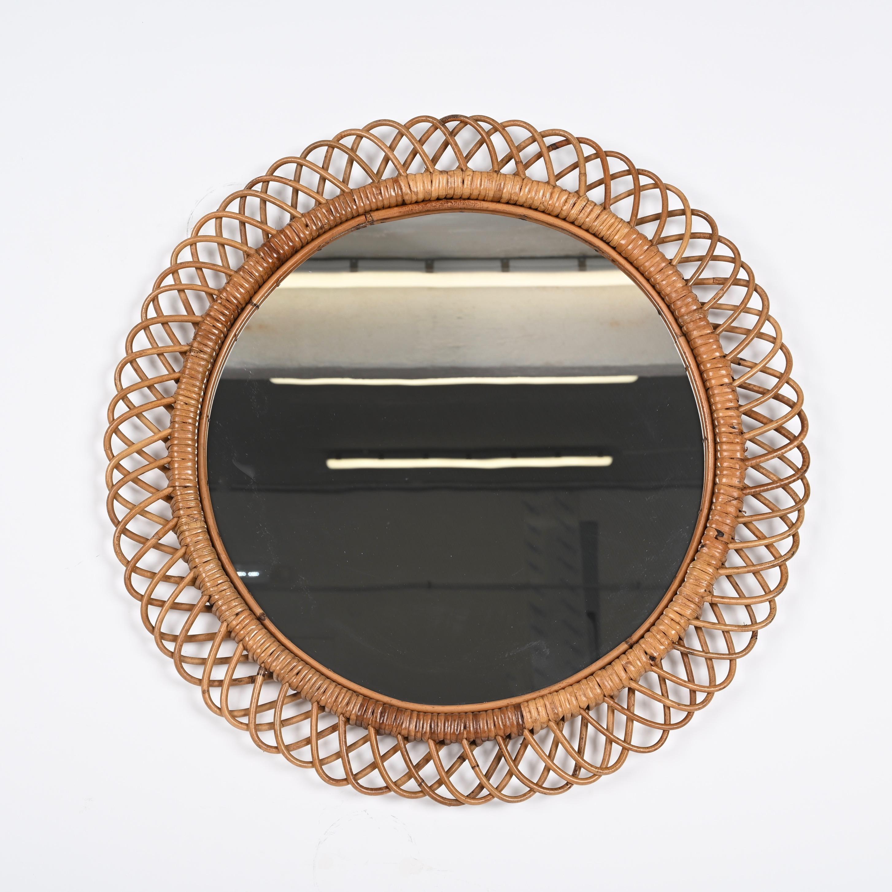 Midcentury French Riviera Rattan and Bamboo Round Mirror, Albini, Italy 1960s 8
