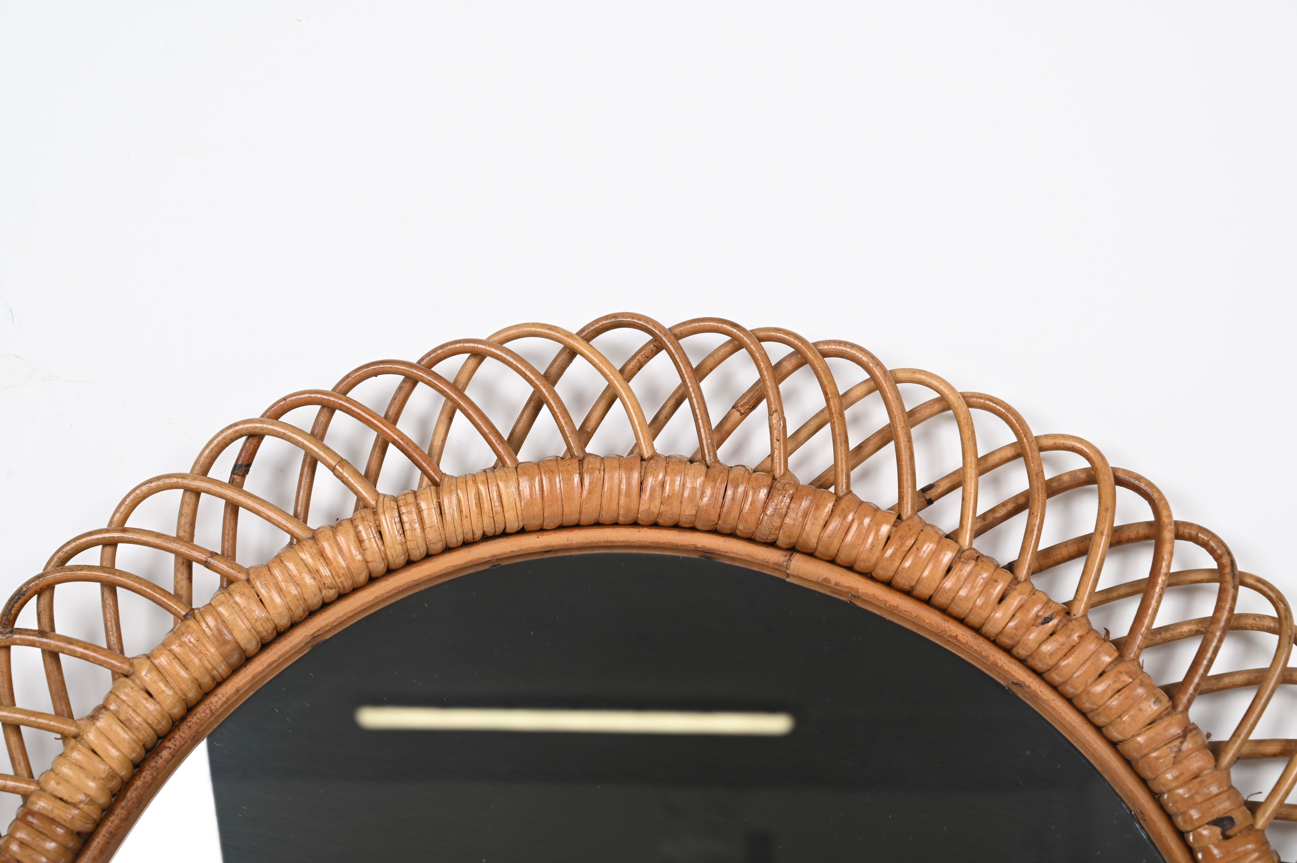 Midcentury French Riviera Rattan and Bamboo Round Mirror, Albini, Italy 1960s 9