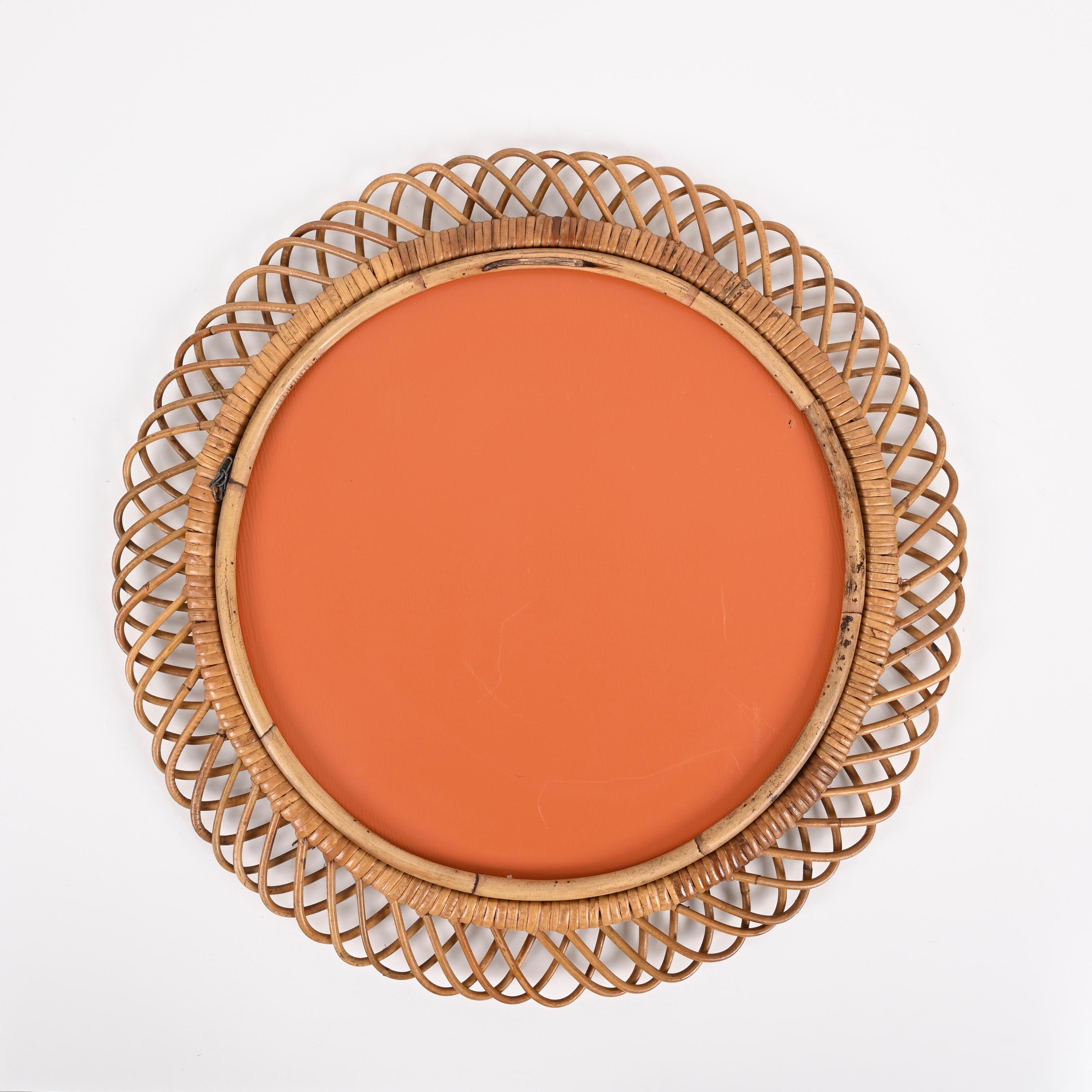 Midcentury French Riviera Rattan and Bamboo Round Mirror, Albini, Italy 1960s 11