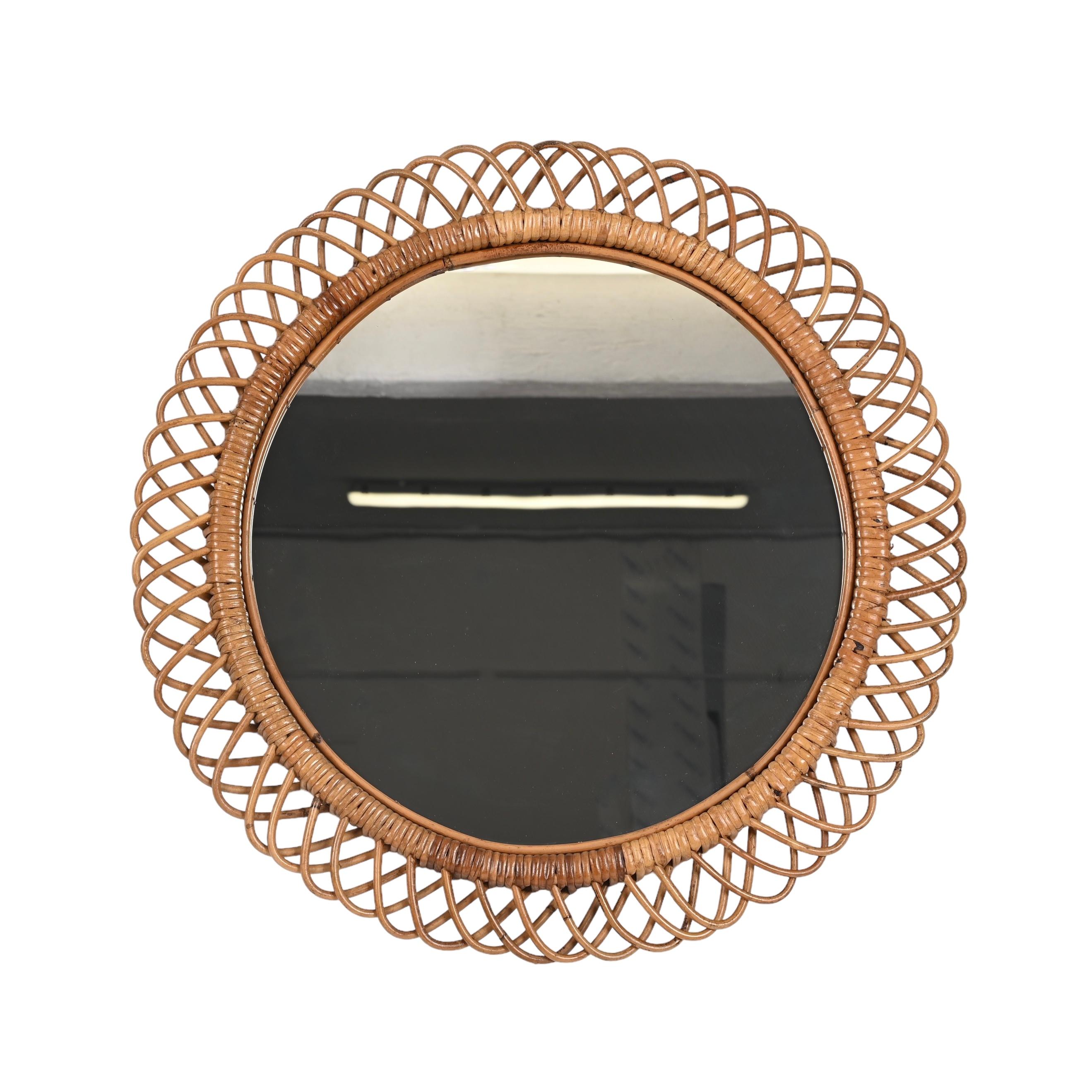 Mid-Century Modern Midcentury French Riviera Rattan and Bamboo Round Mirror, Albini, Italy 1960s