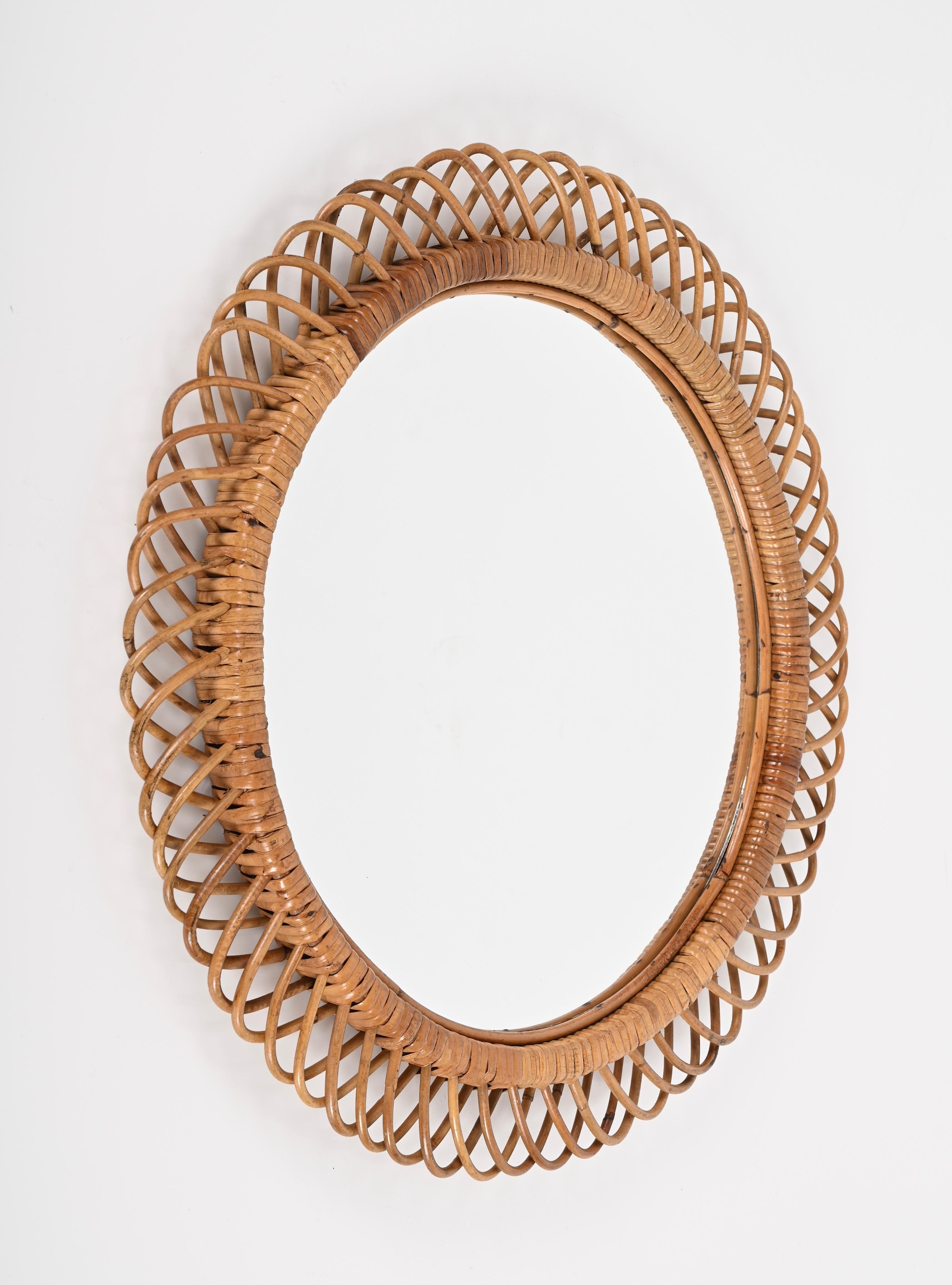 Italian Midcentury French Riviera Rattan and Bamboo Round Mirror, Albini, Italy 1960s