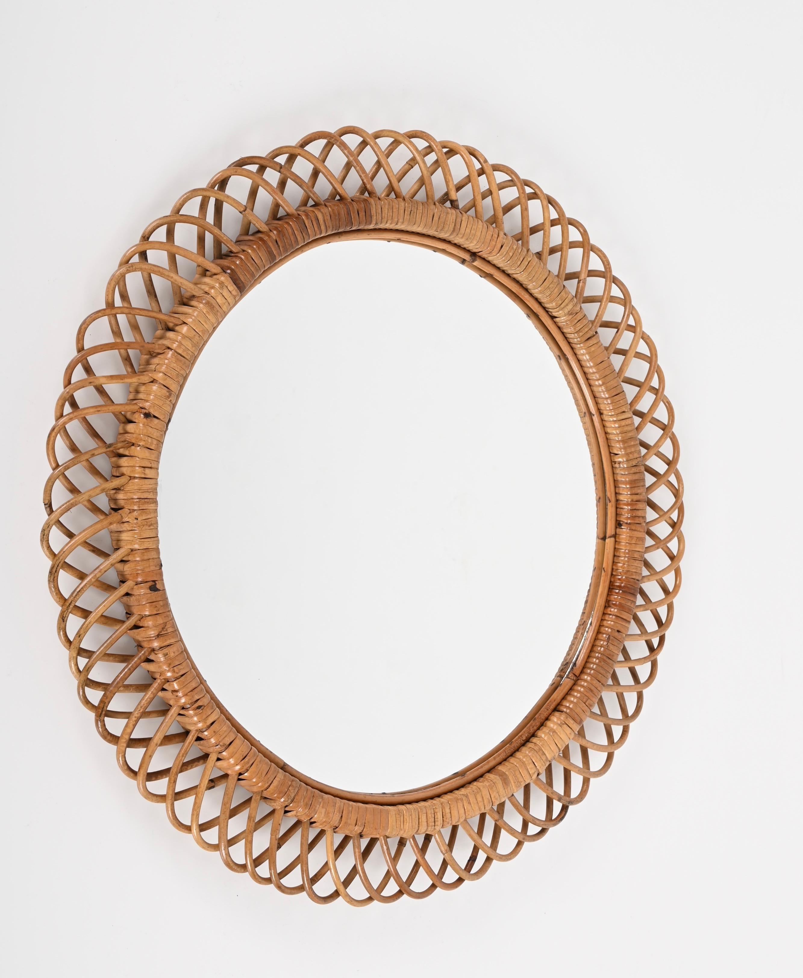 Mid-20th Century Midcentury French Riviera Rattan and Bamboo Round Mirror, Albini, Italy 1960s