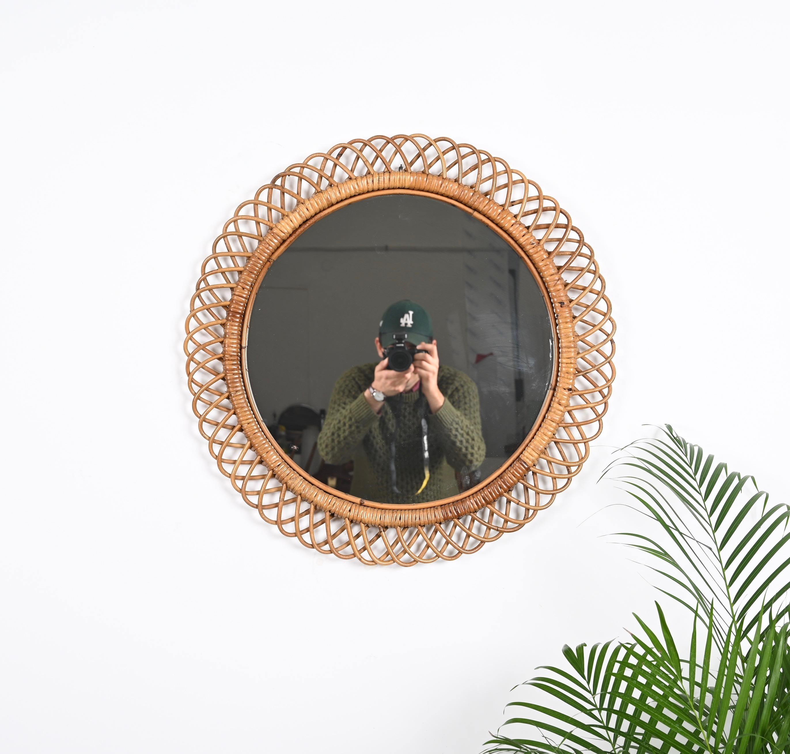 Midcentury French Riviera Rattan and Bamboo Round Mirror, Albini, Italy 1960s 1