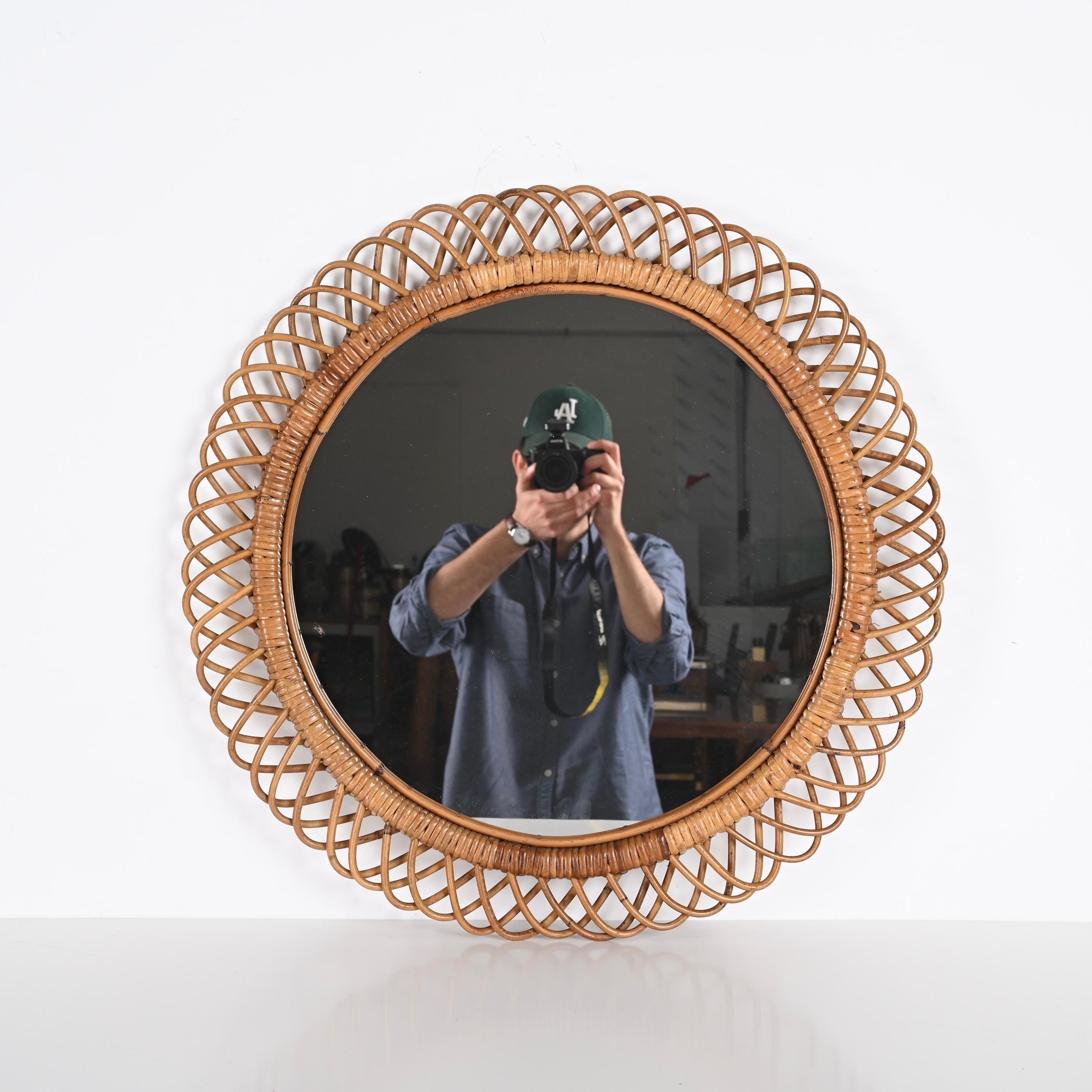 Midcentury French Riviera Rattan and Bamboo Round Mirror, Albini, Italy 1960s 2