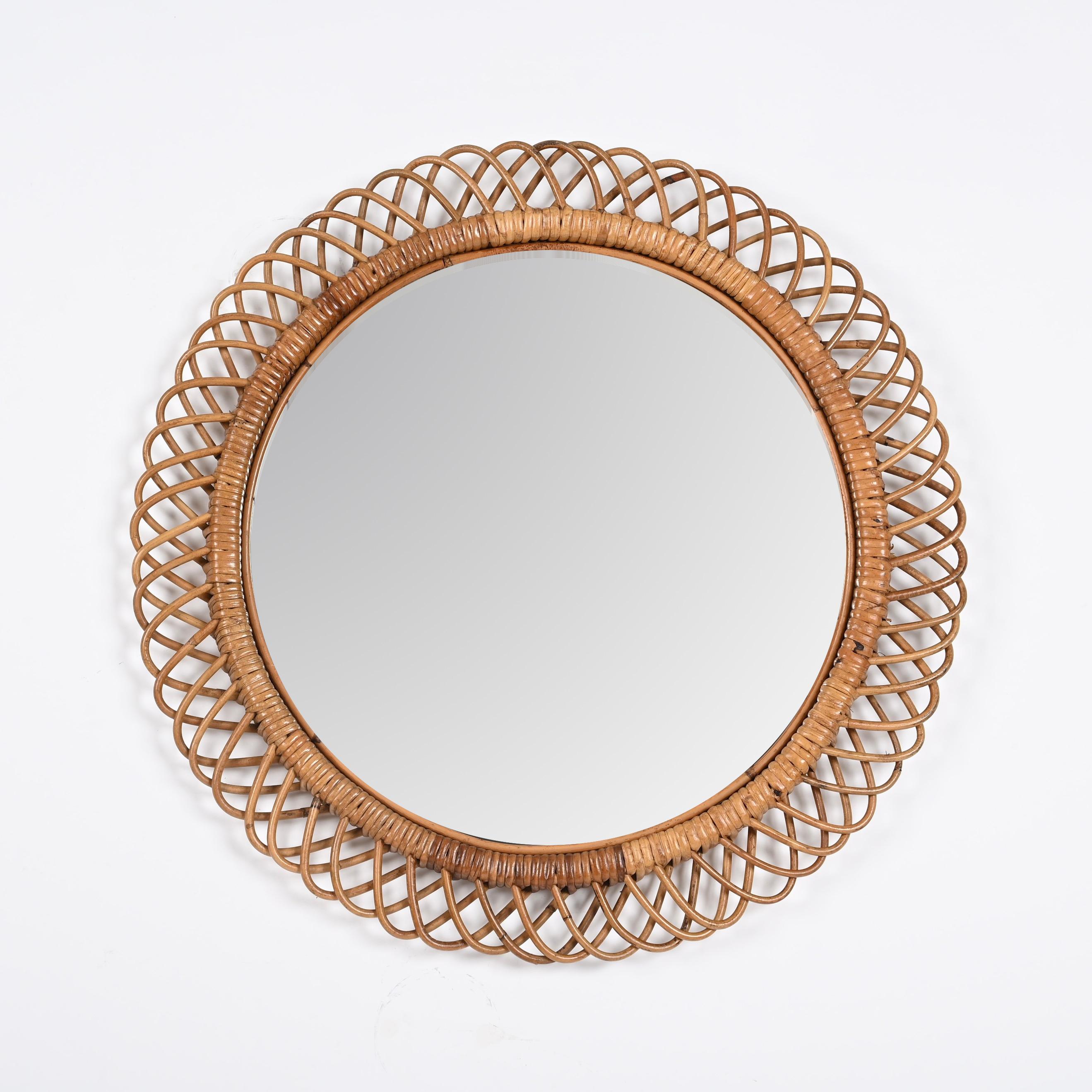 Midcentury French Riviera Rattan and Bamboo Round Mirror, Albini, Italy 1960s 3