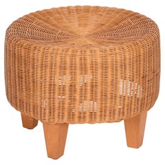 Mid-Century Italian Round Ottoman Pouf in Woven Rattan and Wood, Italy 1970s