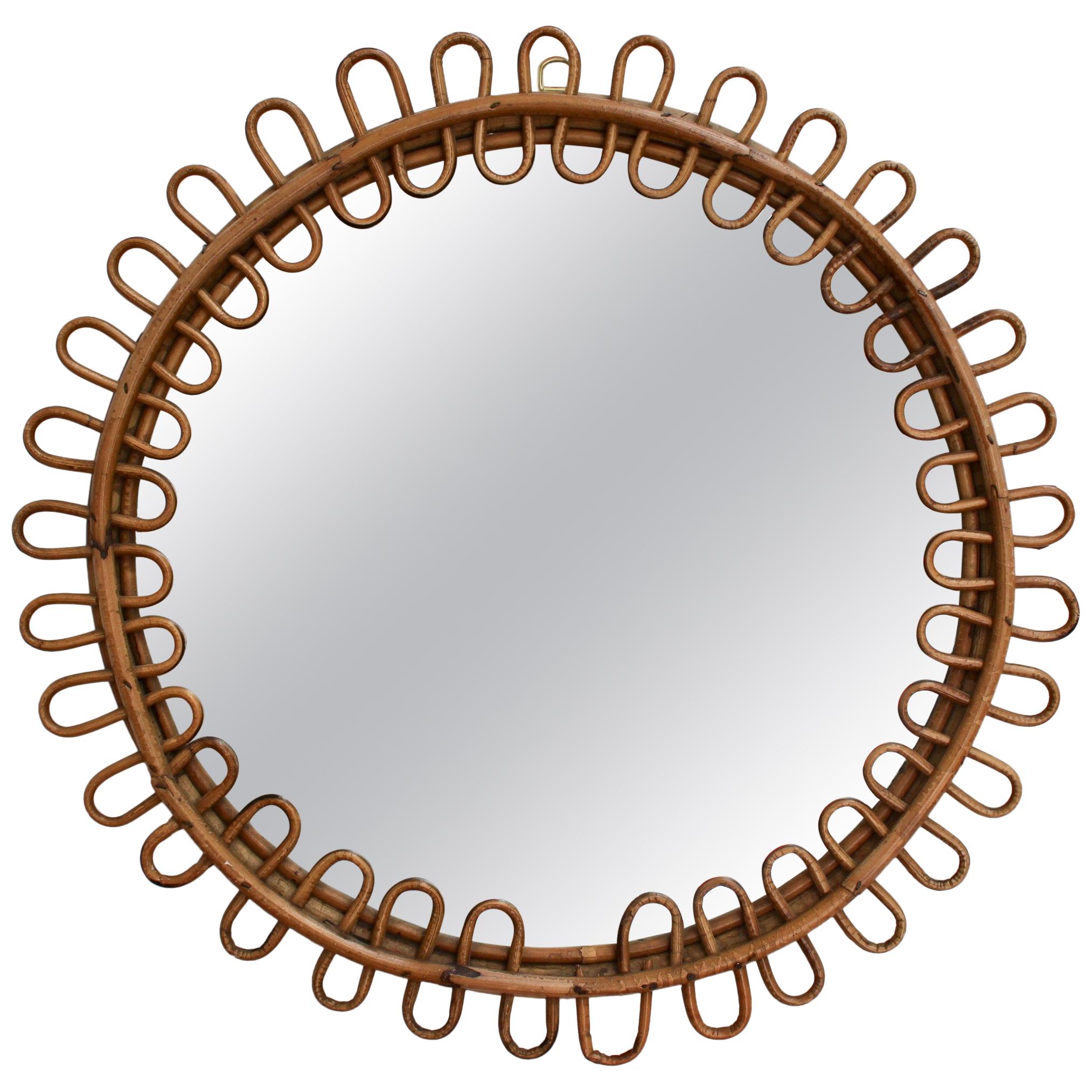 Mid-Century Italian Round Rattan Mirror, circa 1960s