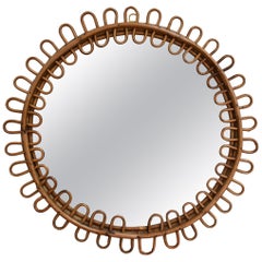 Mid-Century Italian Round Rattan Mirror, circa 1960s