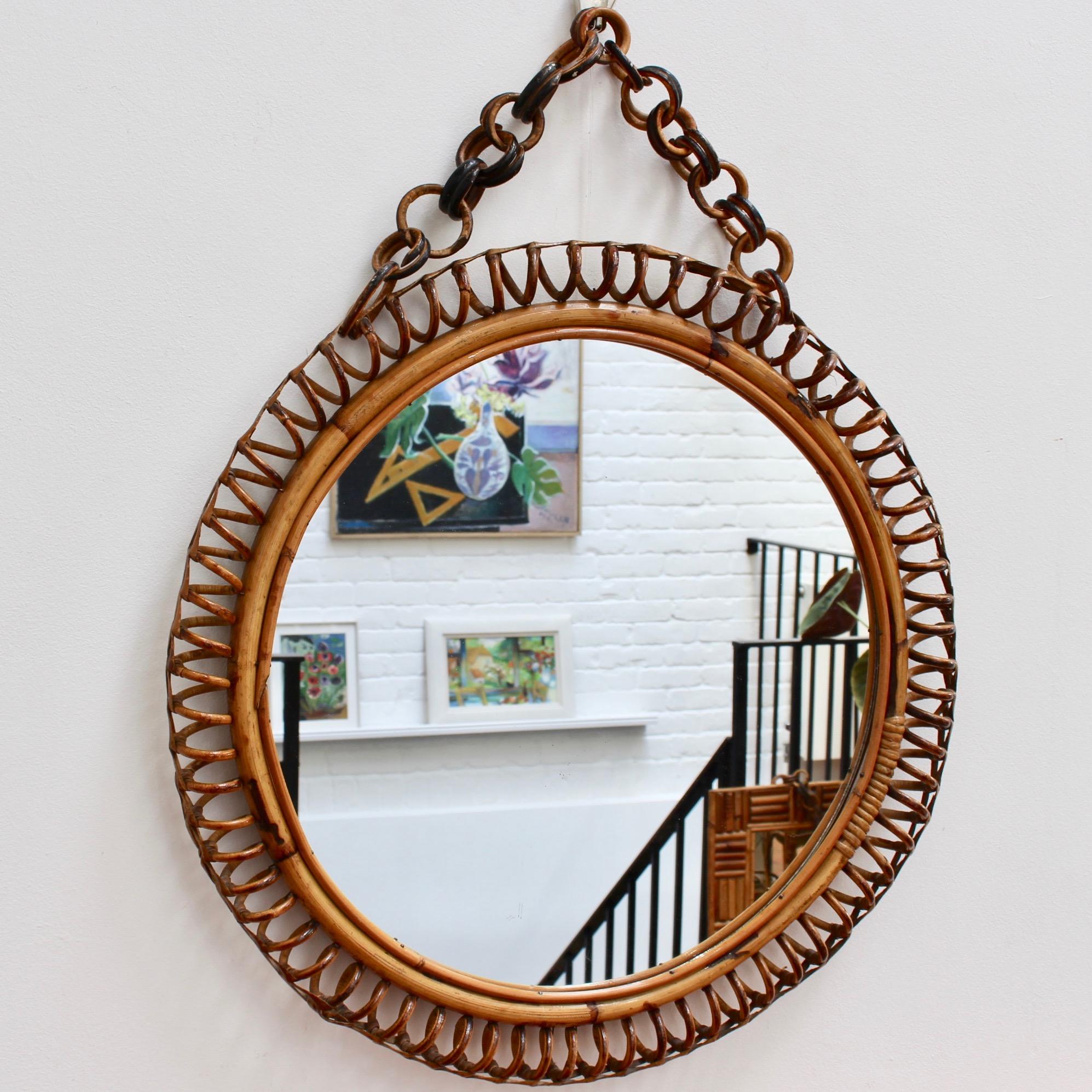 Mid-20th Century Midcentury Italian Round Rattan Wall Mirror, circa 1960s