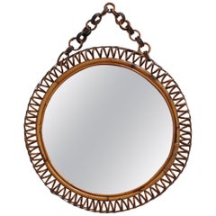 Vintage Midcentury Italian Round Rattan Wall Mirror, circa 1960s