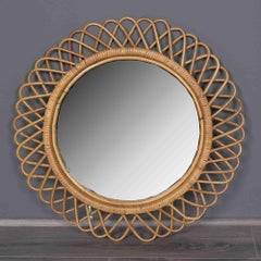 Mid-Century Italian Round Rattan Wall Mirror