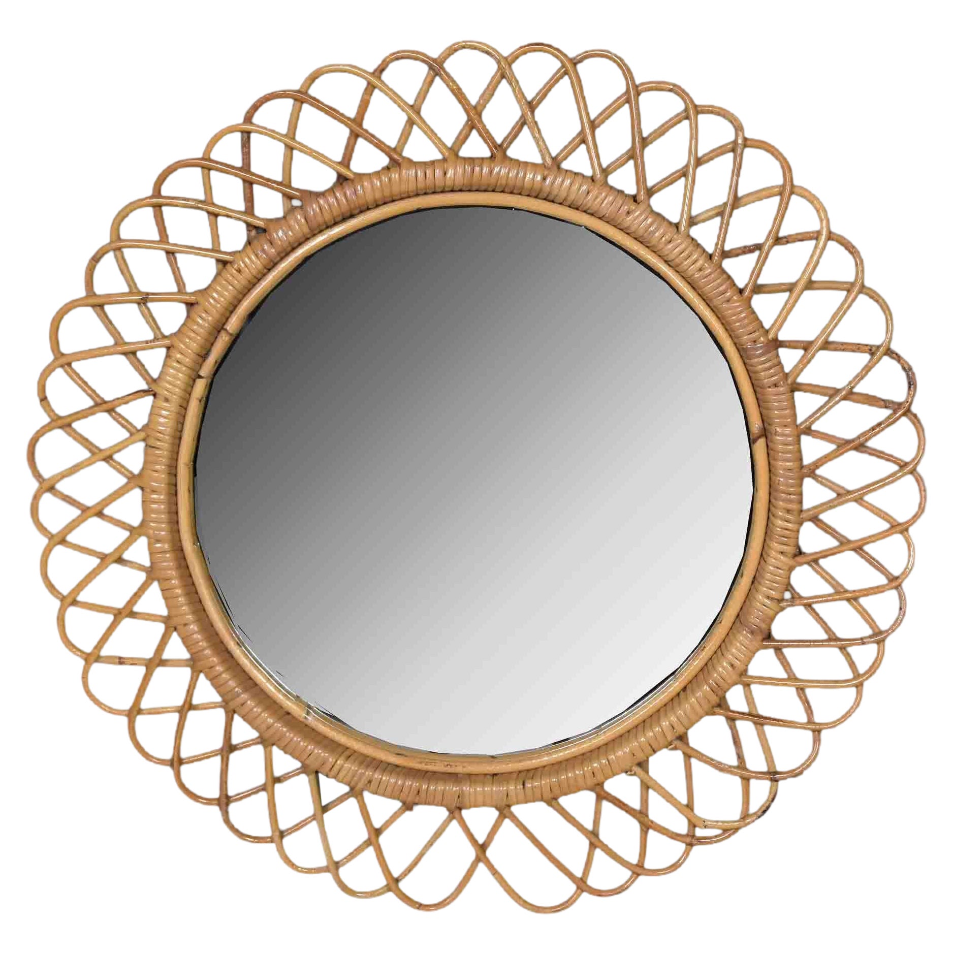 Mid-Century Italian Round Rattan Wall Mirror