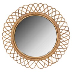 Mid-Century Italian Round Rattan Wall Mirror