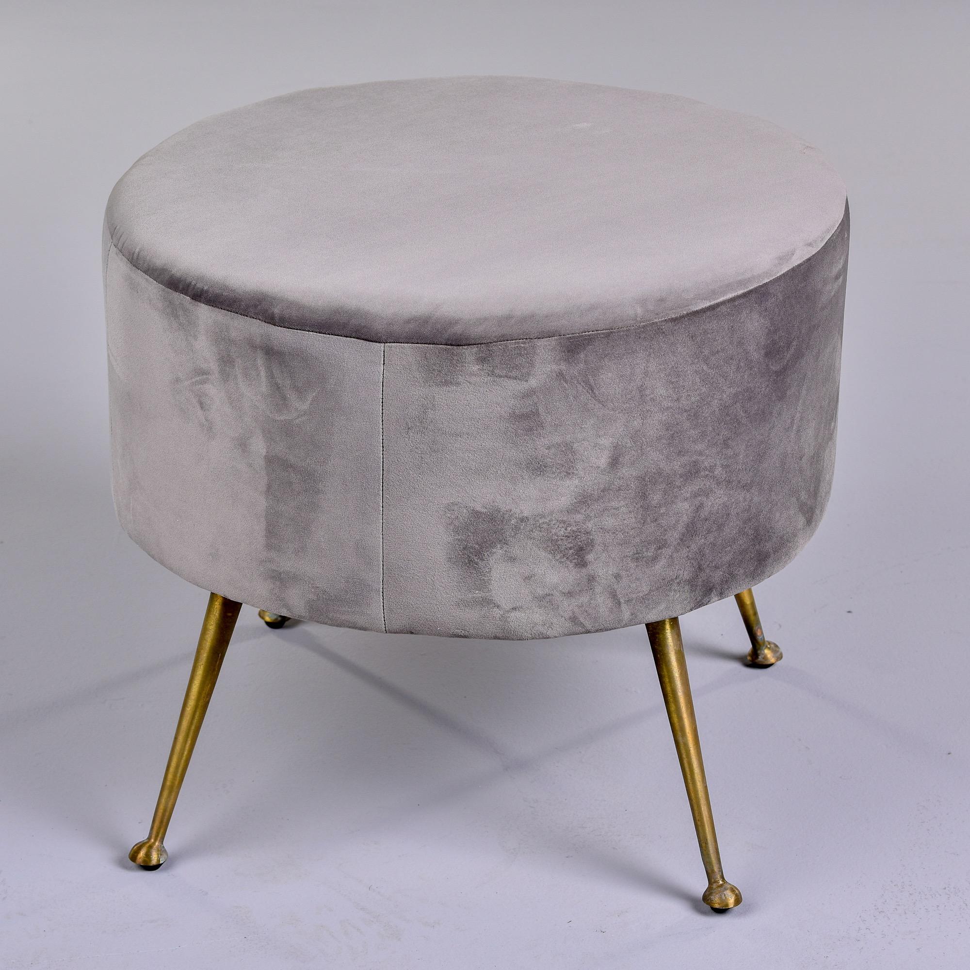 Mid Century Italian Round Stool Covered in Gray Velvet with Brass Legs In Good Condition In Troy, MI