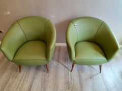 Mid Century Italian Rounded Wooden Legs Green Leather Armchairs, Set of 2