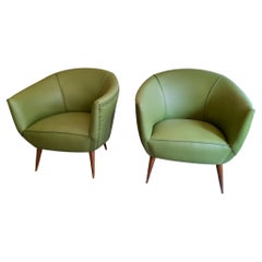 Mid Century Italian Rounded Wooden Legs Green Leather Armchairs, Set of 2