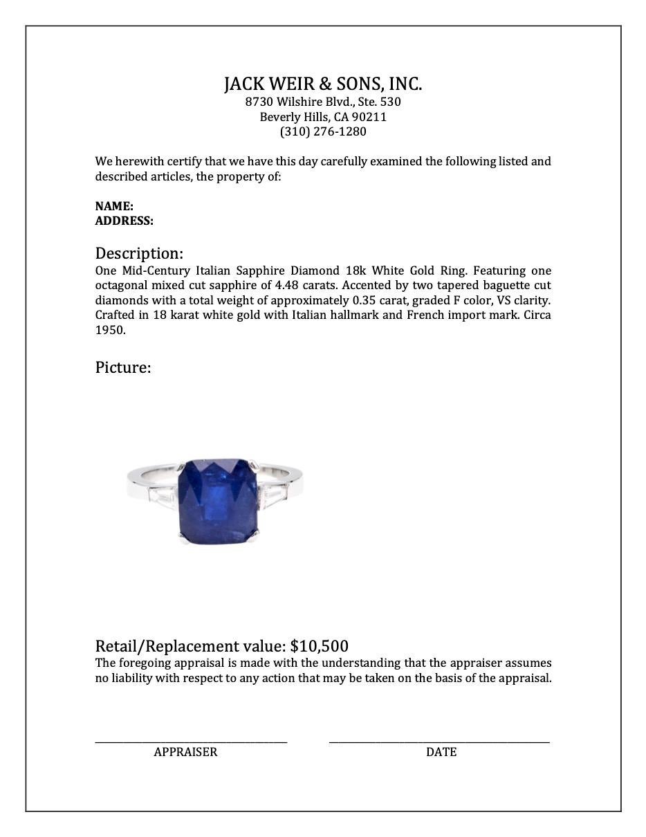 Mid-Century Italian Sapphire Diamond 18k White Gold Ring For Sale 2