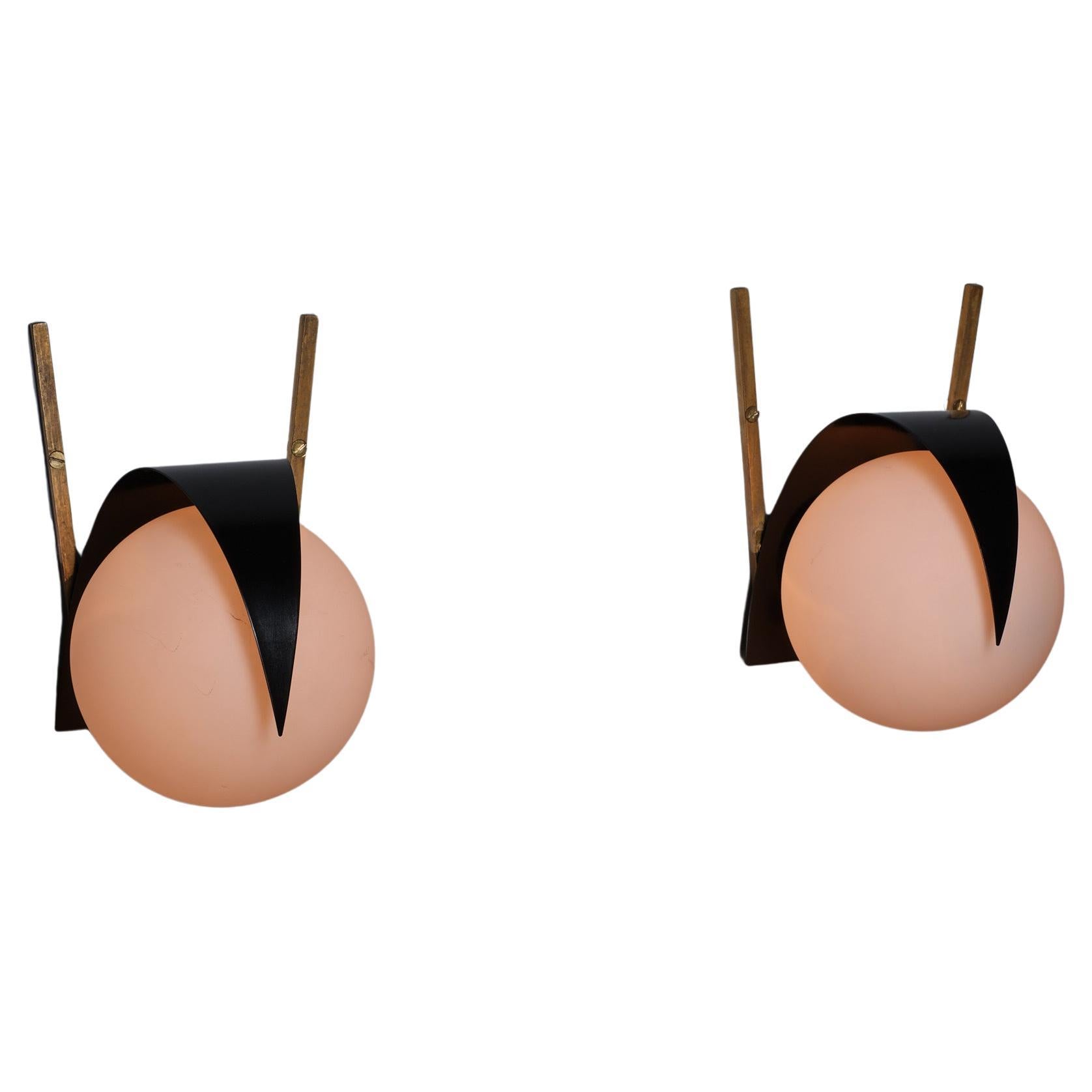 Apliques Italianos de Mediano Siglo - Vintage STILNOVO Latón y Cristal Opalino