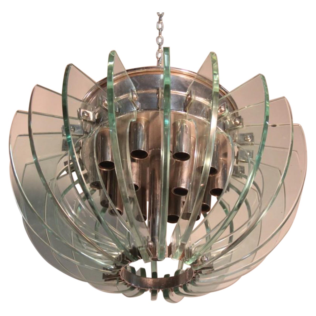 Lustre sculptural italien du milieu du siècle Gallott&Radice des années 1960, cristaux et laiton
