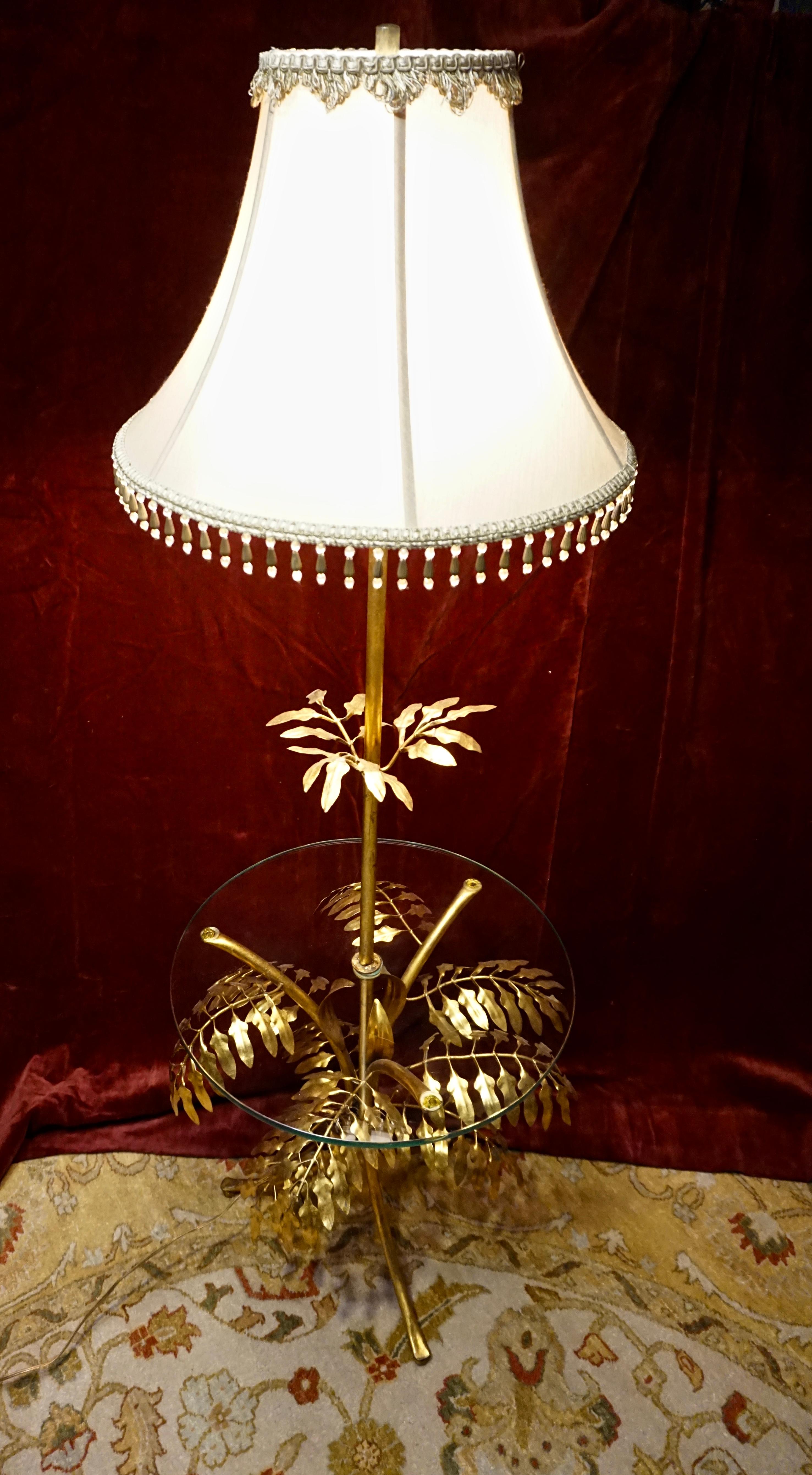 Mid Century Italian Sculptural Metal Gold Leaf Floor Lamp Cum Glass Table For Sale 4