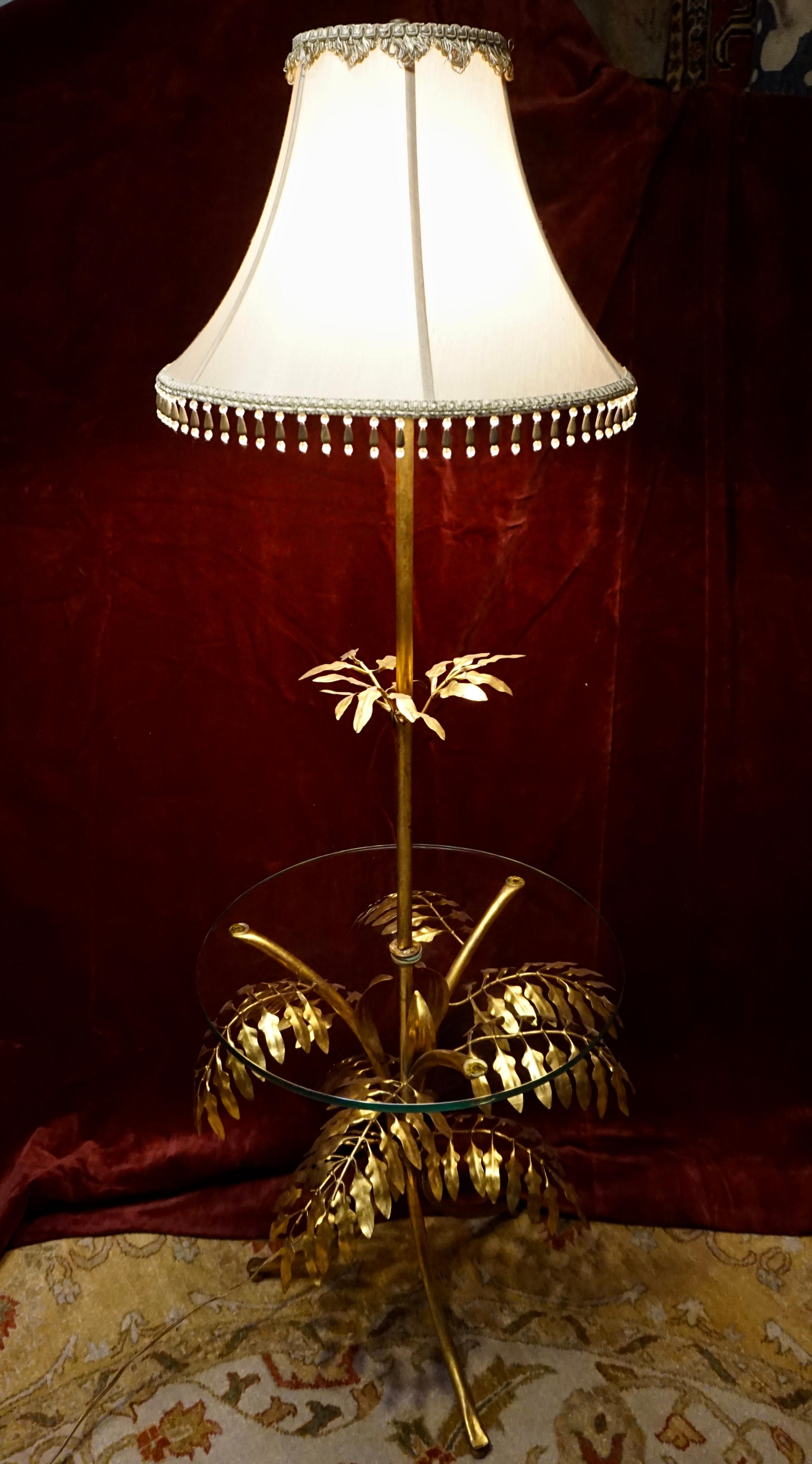Mid Century Italian Sculptural Metal Gold Leaf Floor Lamp Cum Glass Table For Sale 5