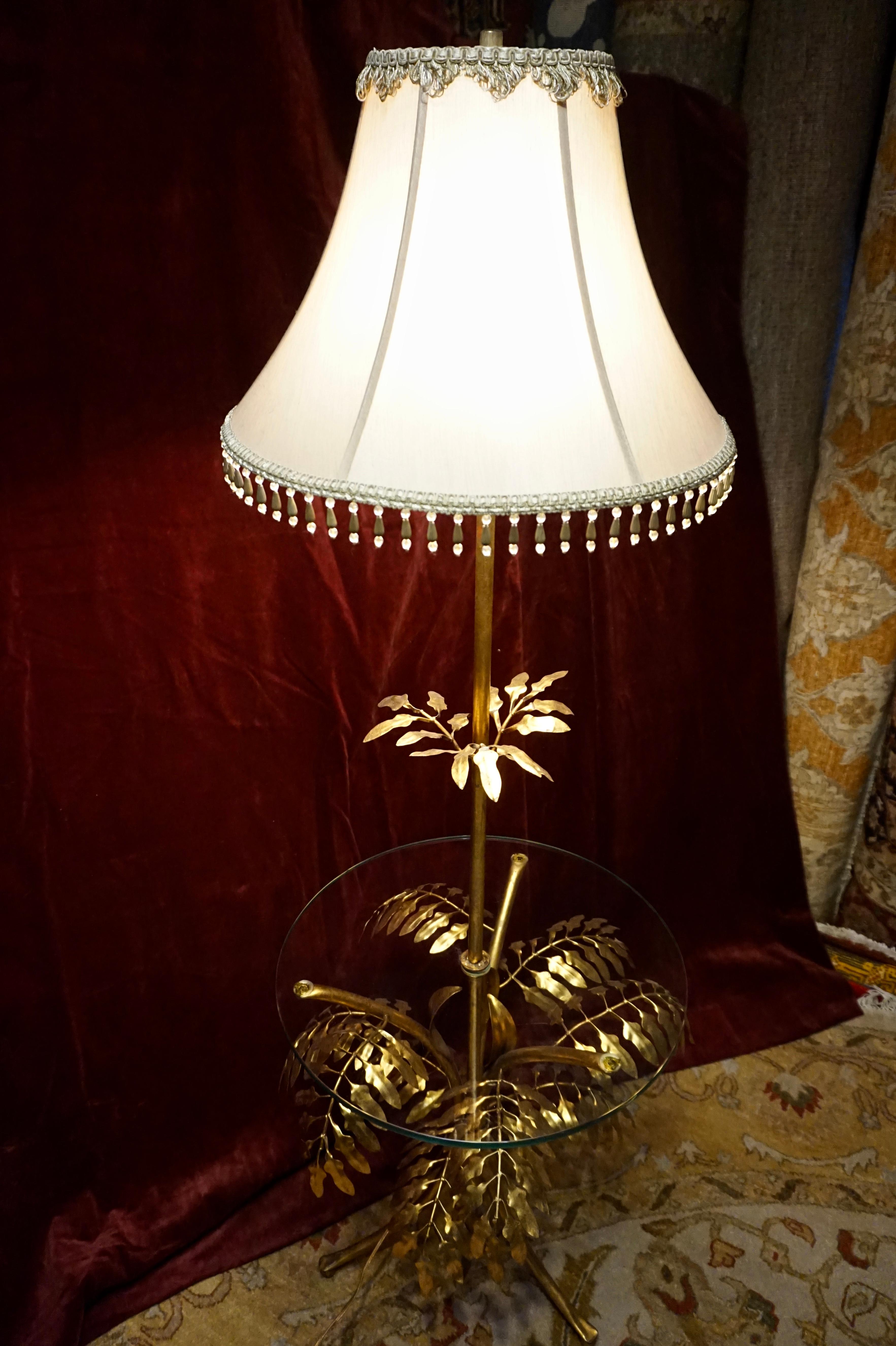Mid Century Italian Sculptural Metal Gold Leaf Floor Lamp Cum Glass Table For Sale 5
