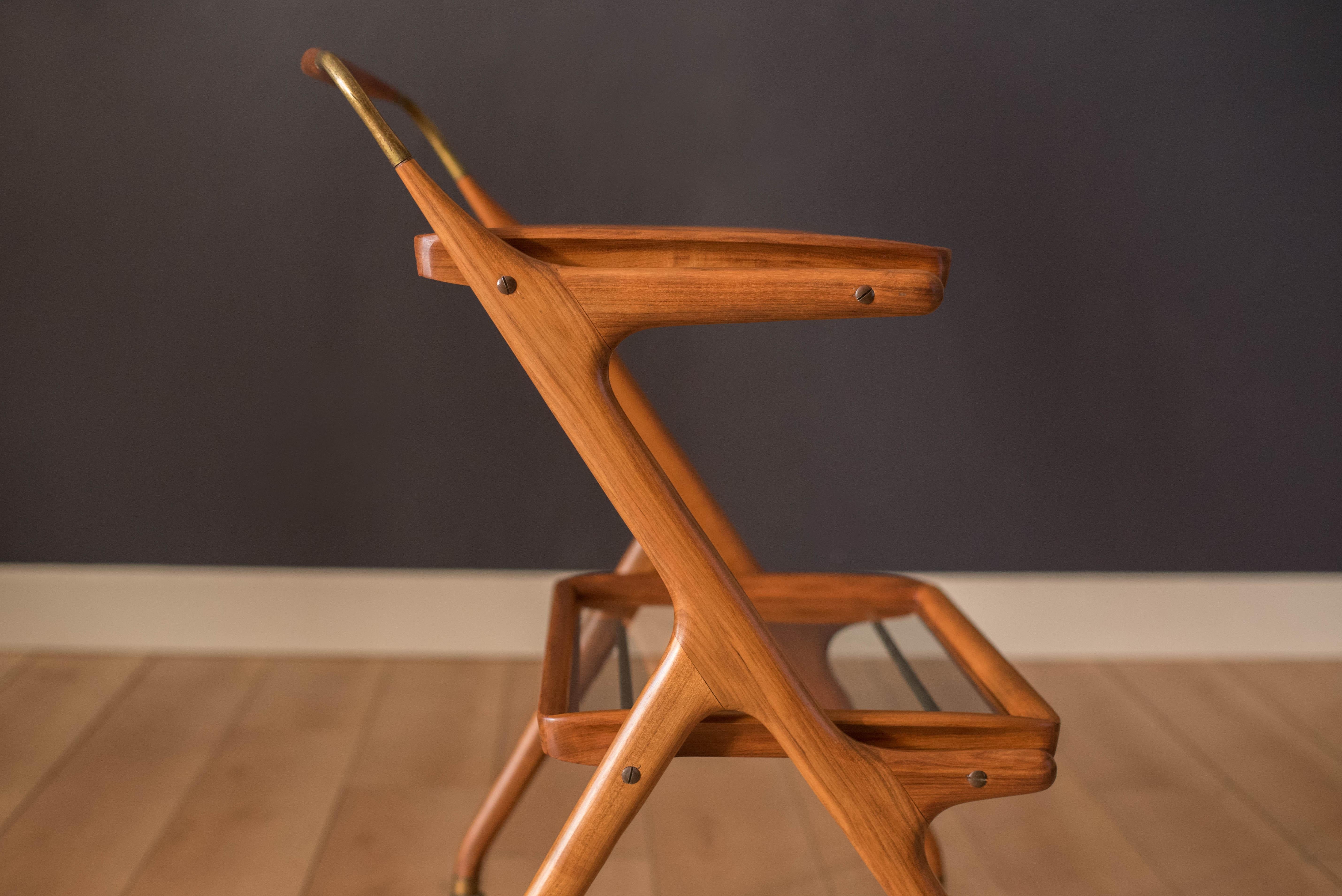 Midcentury Italian Sculptural Walnut and Brass Bar Cart by Cesare Lacca In Good Condition In San Jose, CA