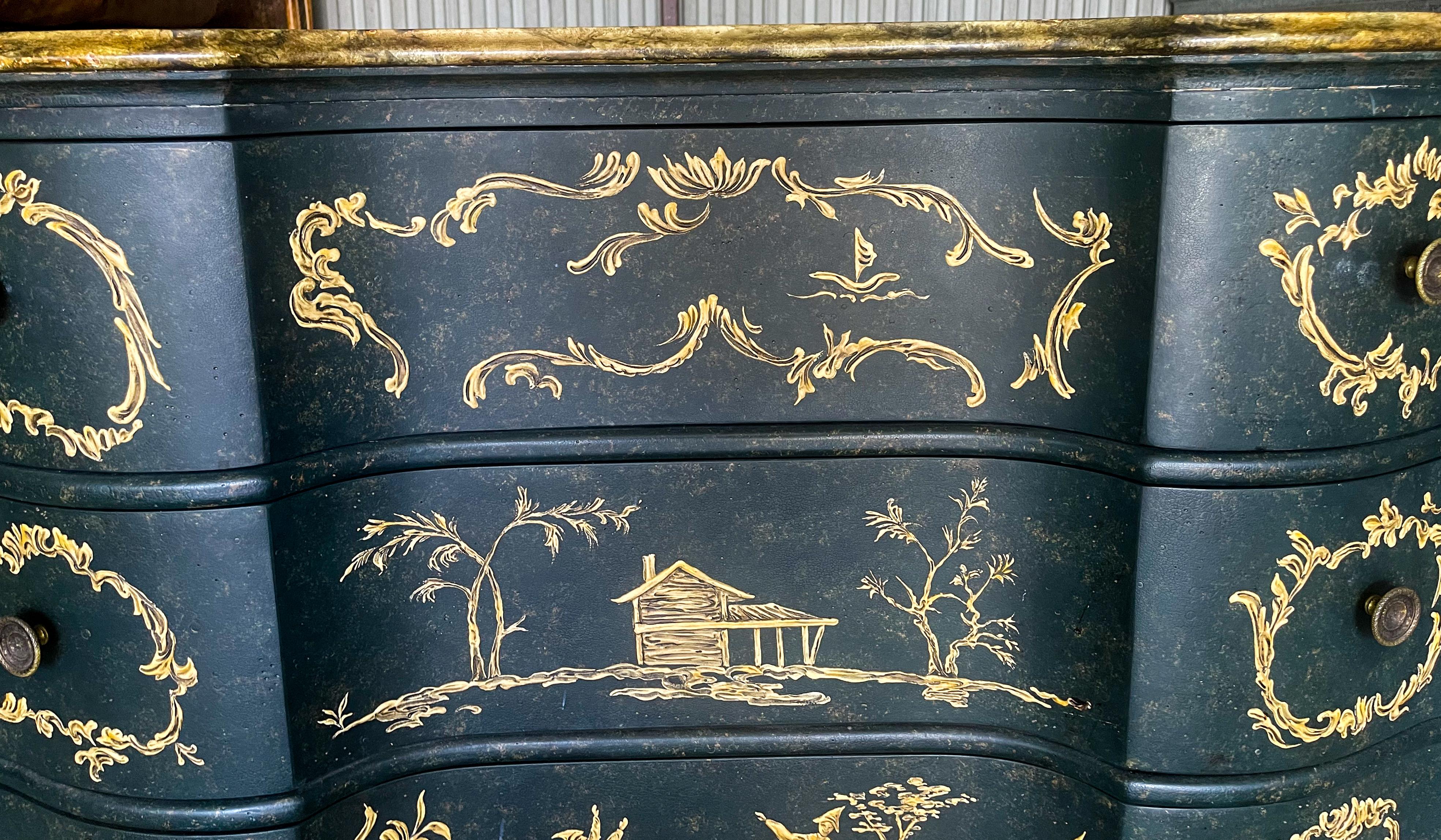 20th Century Mid-Century Italian Serpentine Chinoiserie Chest / Commode with Faux Marble Top  For Sale