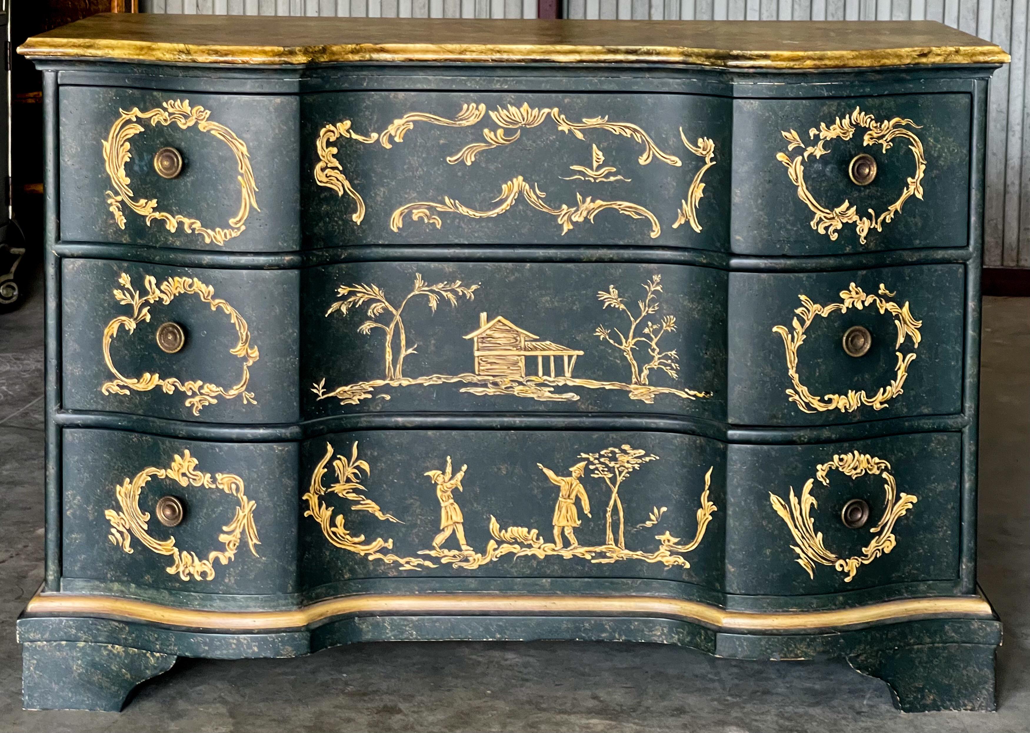 Wood Mid-Century Italian Serpentine Chinoiserie Chest / Commode with Faux Marble Top  For Sale