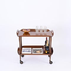 Mid-Century Italian Serving Bar Cart in Bent Walnut and Brass, Italy 1950s