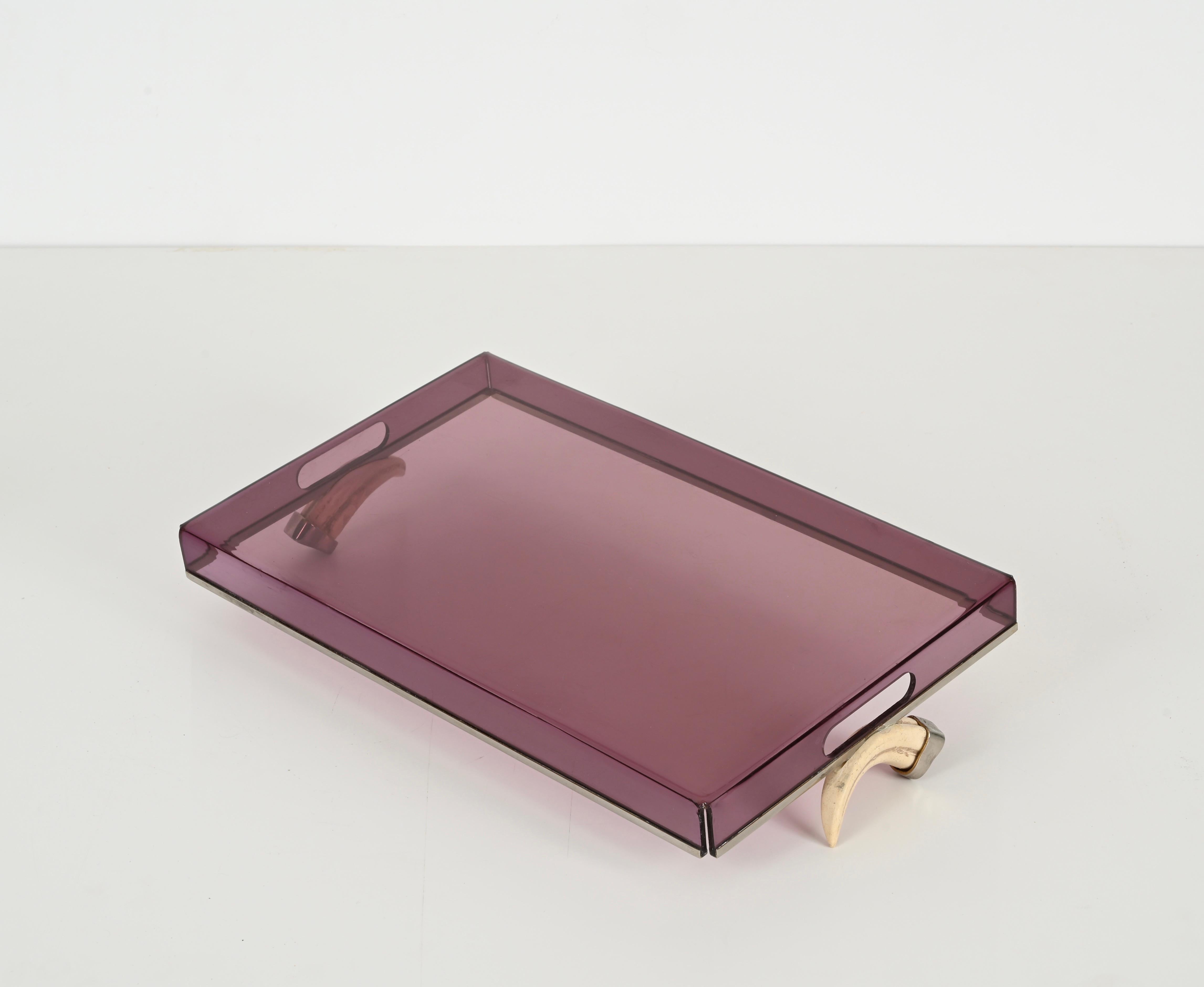 Mid-Century Italian Serving Tray in Purple Lucite w/ Horn Handles, Dior 1970s 4
