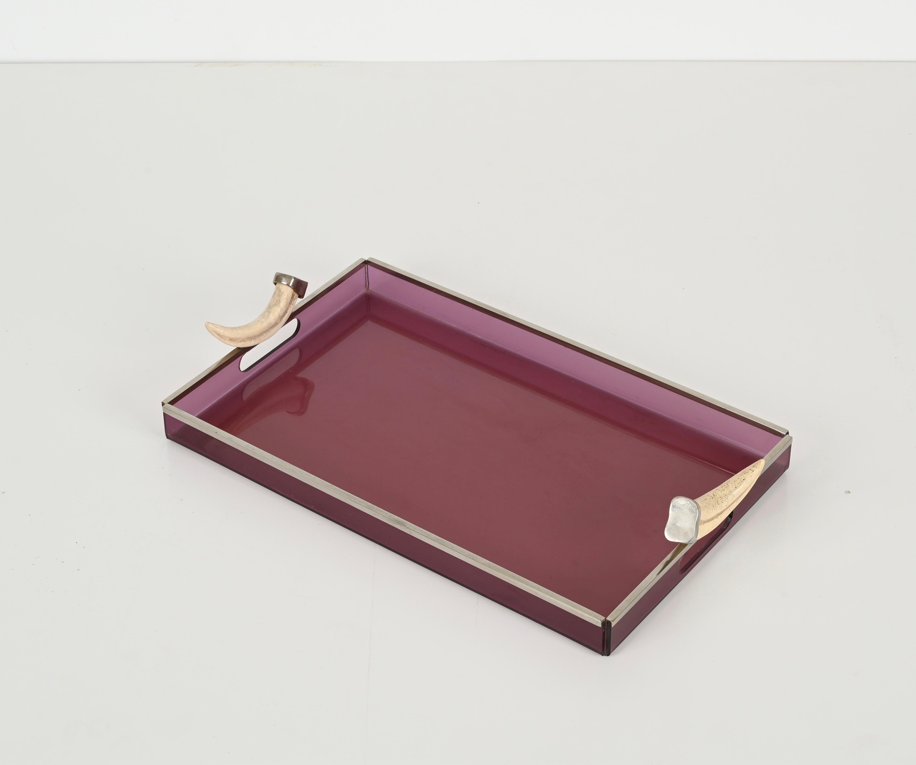 Mid-Century Modern Mid-Century Italian Serving Tray in Purple Lucite w/ Horn Handles, Dior 1970s