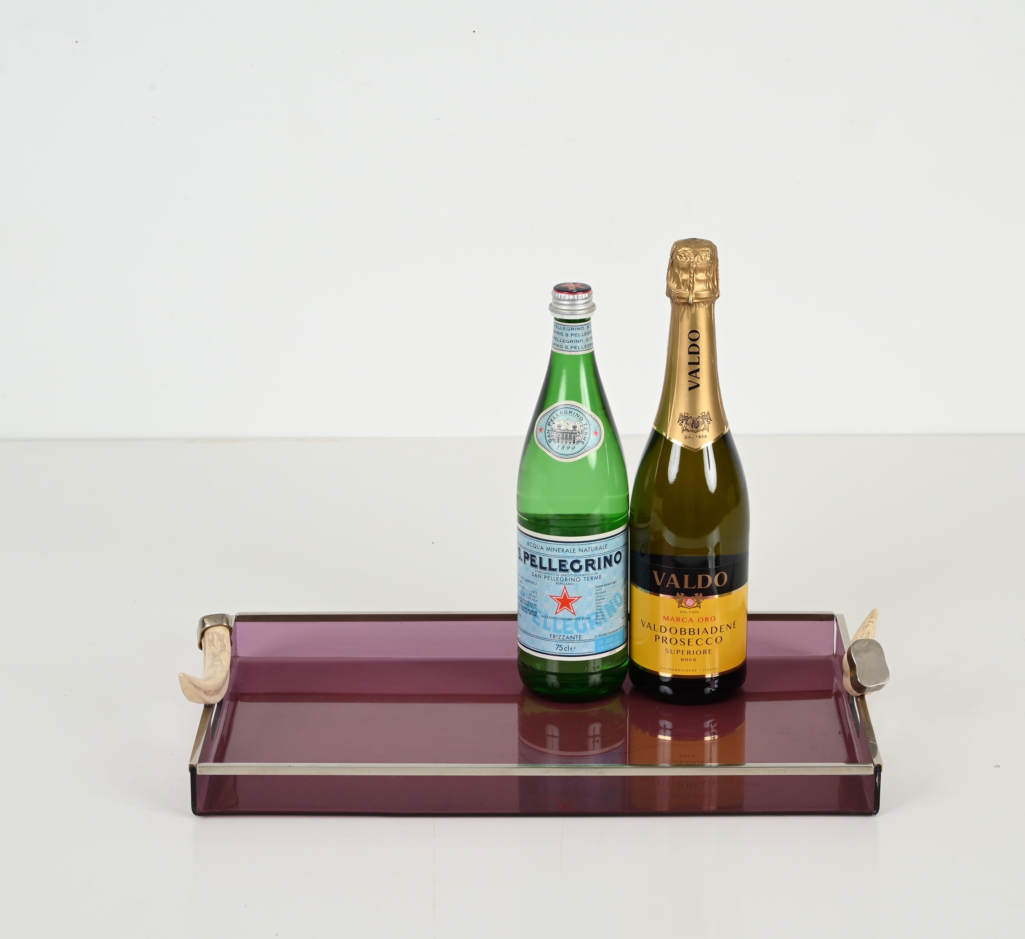 Hand-Crafted Mid-Century Italian Serving Tray in Purple Lucite w/ Horn Handles, Dior 1970s