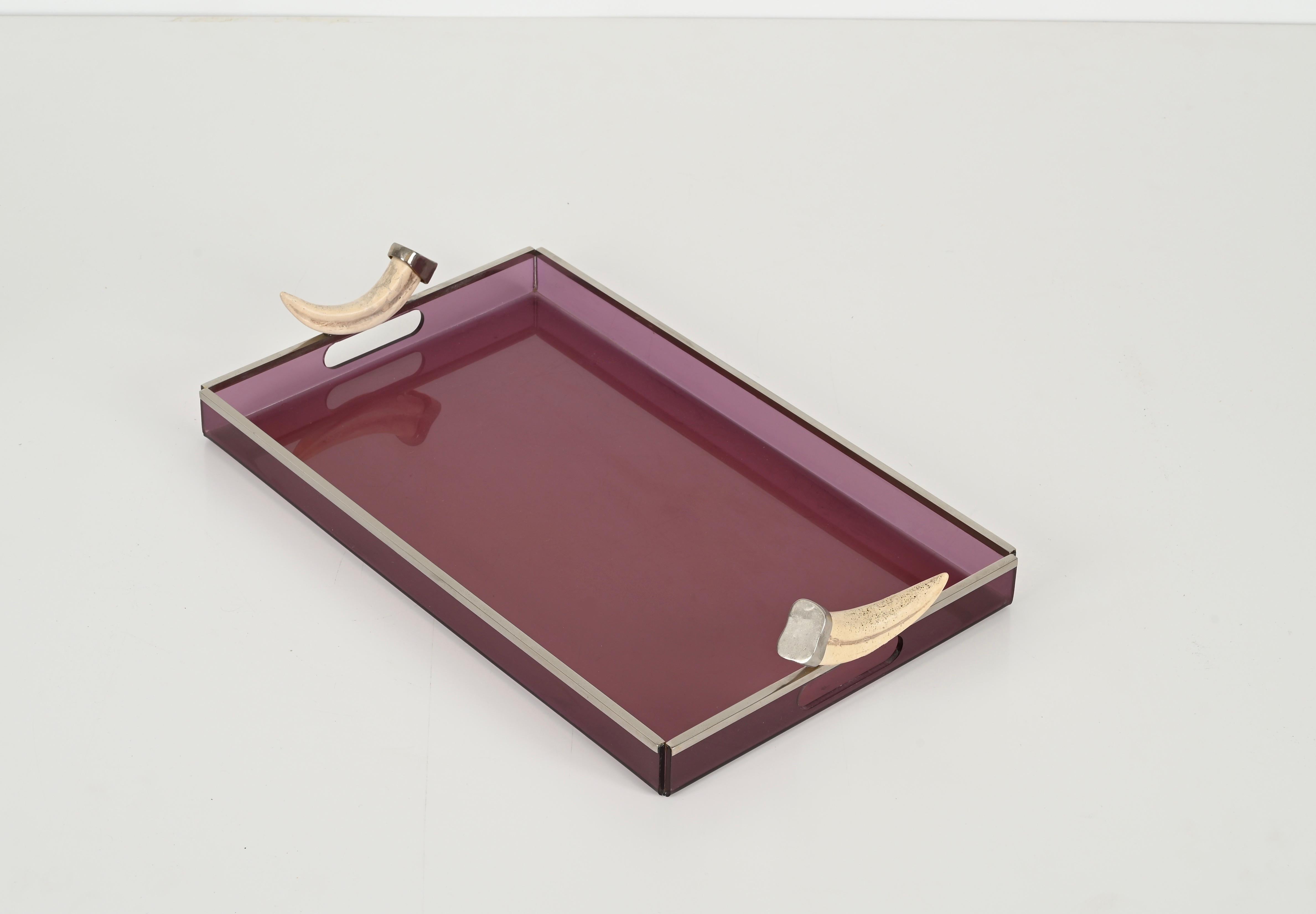 20th Century Mid-Century Italian Serving Tray in Purple Lucite w/ Horn Handles, Dior 1970s