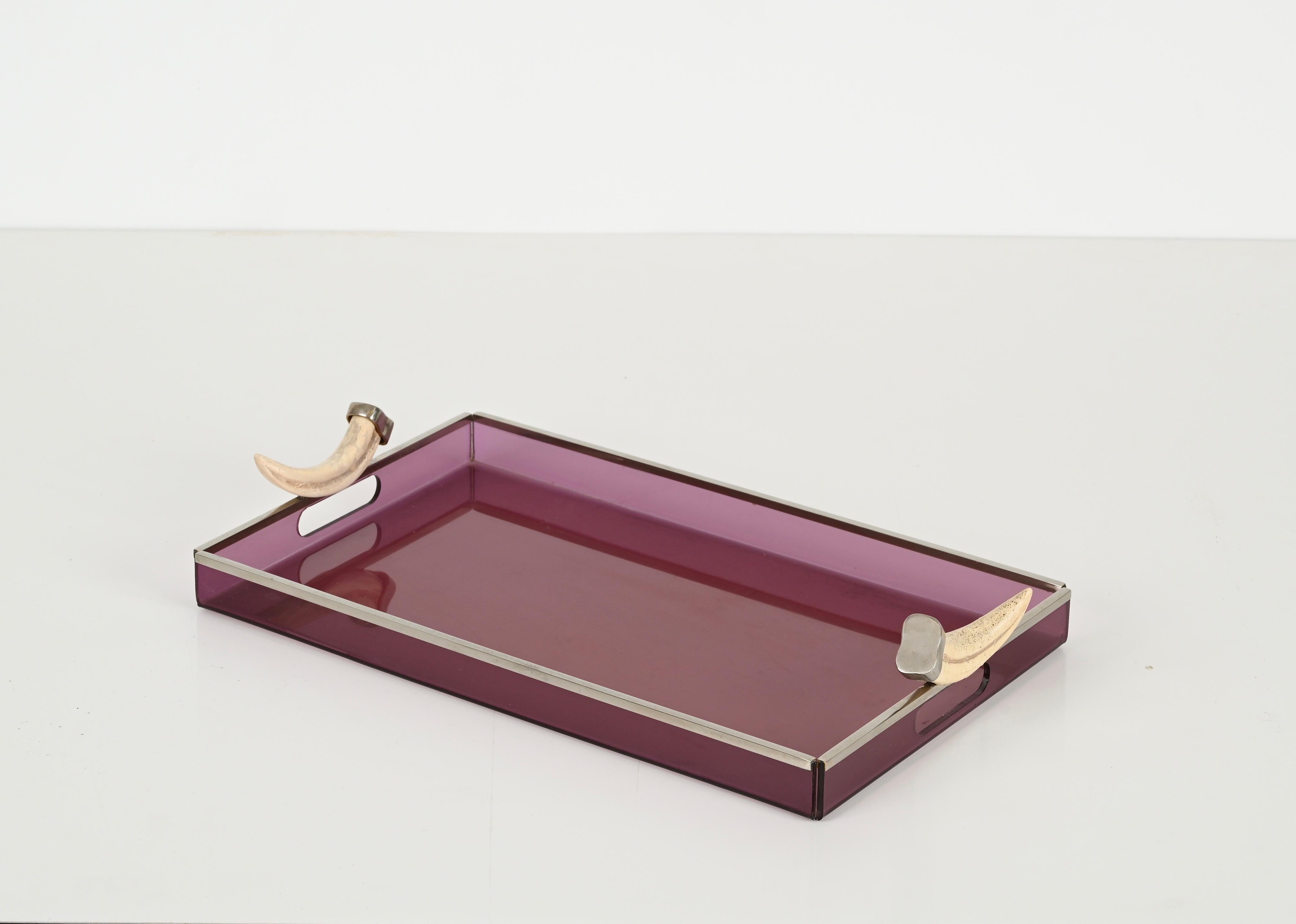 Chrome Mid-Century Italian Serving Tray in Purple Lucite w/ Horn Handles, Dior 1970s