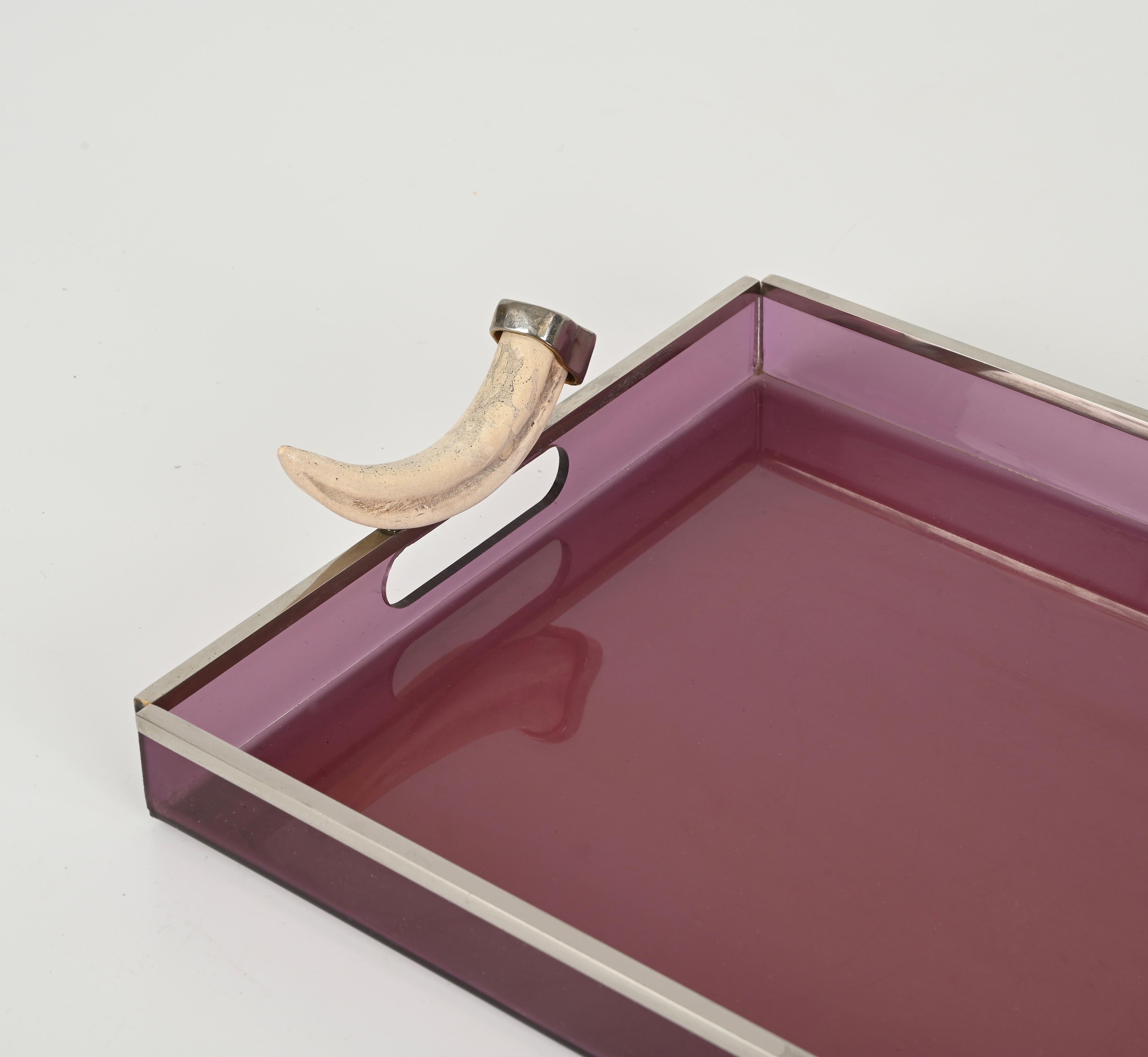 Mid-Century Italian Serving Tray in Purple Lucite w/ Horn Handles, Dior 1970s 1