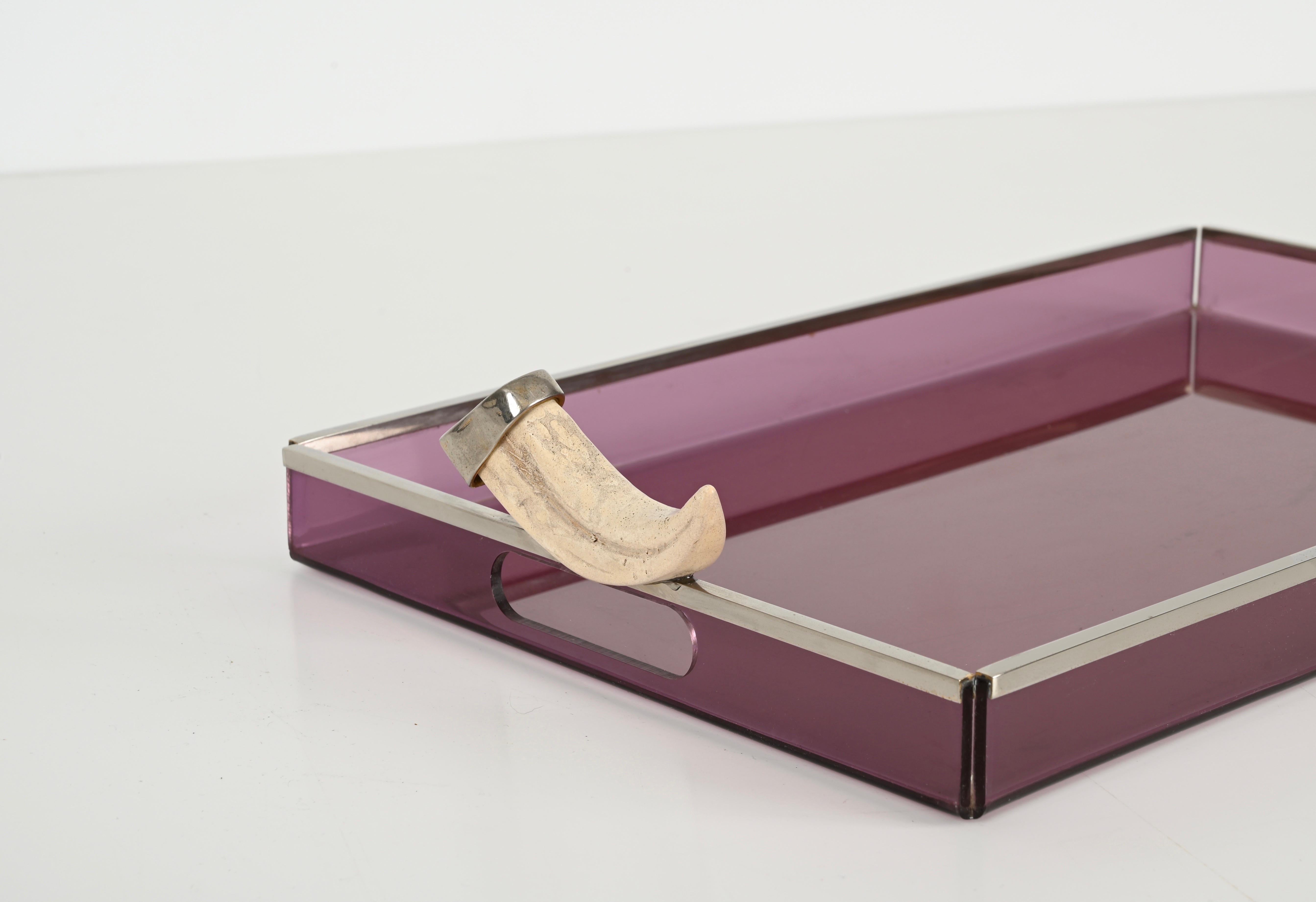 Mid-Century Italian Serving Tray in Purple Lucite w/ Horn Handles, Dior 1970s 2