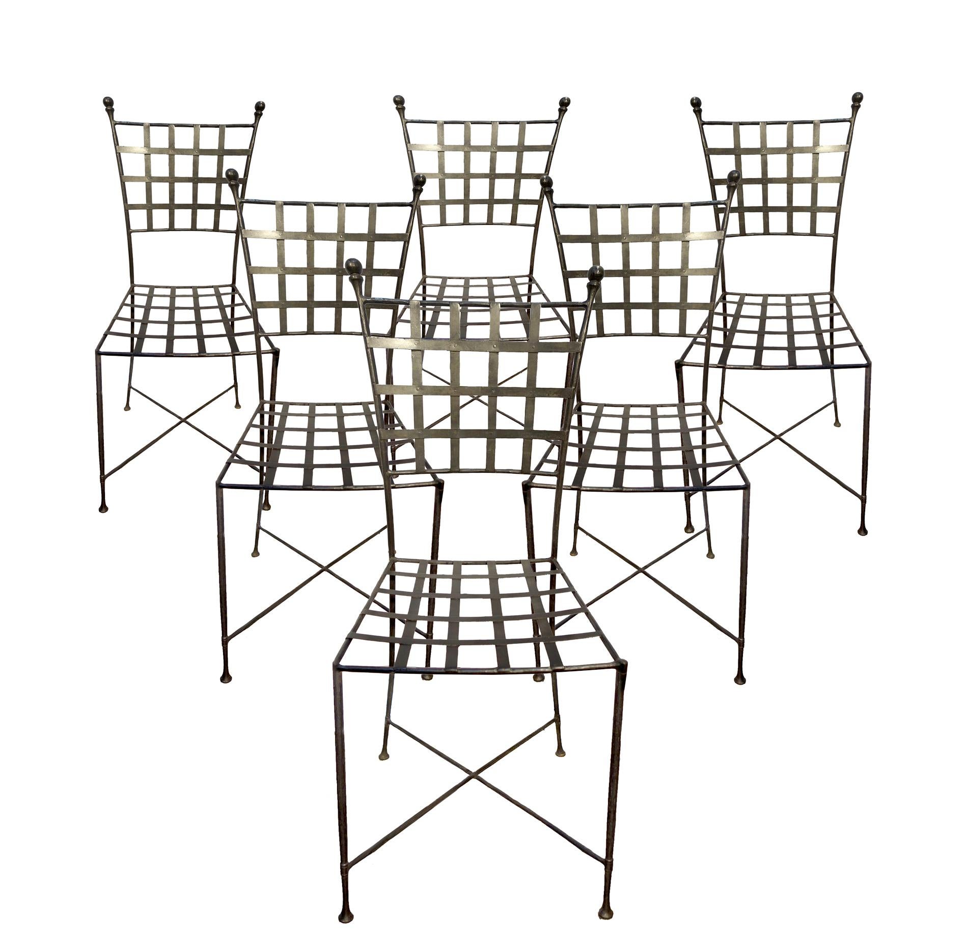 Mid-Century Italian Set of 6 Chairs & Reclining Settee, Hammered Wrought Iron 6