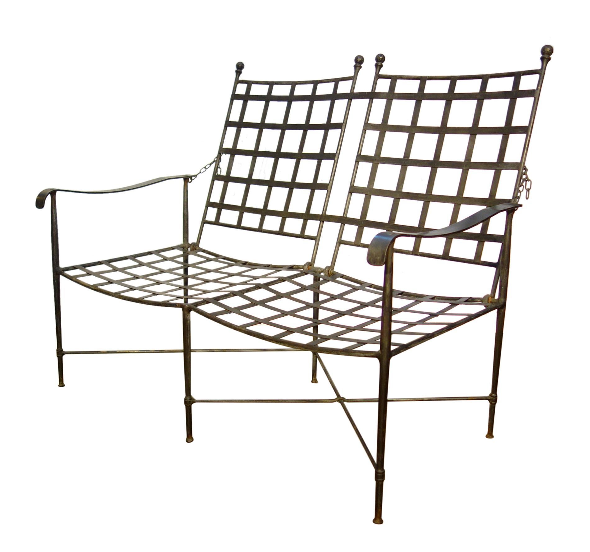 Mid-Century Italian Set of 6 Chairs & Reclining Settee, Hammered Wrought Iron In Good Condition In Encinitas, CA