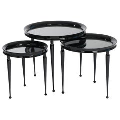 Midcentury Italian Set of Round Nesting Tables Black Lacquer and Mirrored Top